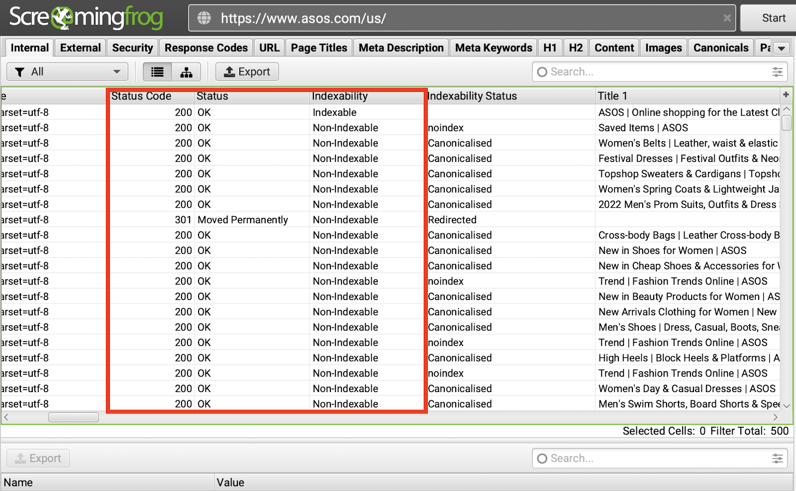 Screaming Frog Asos status codes