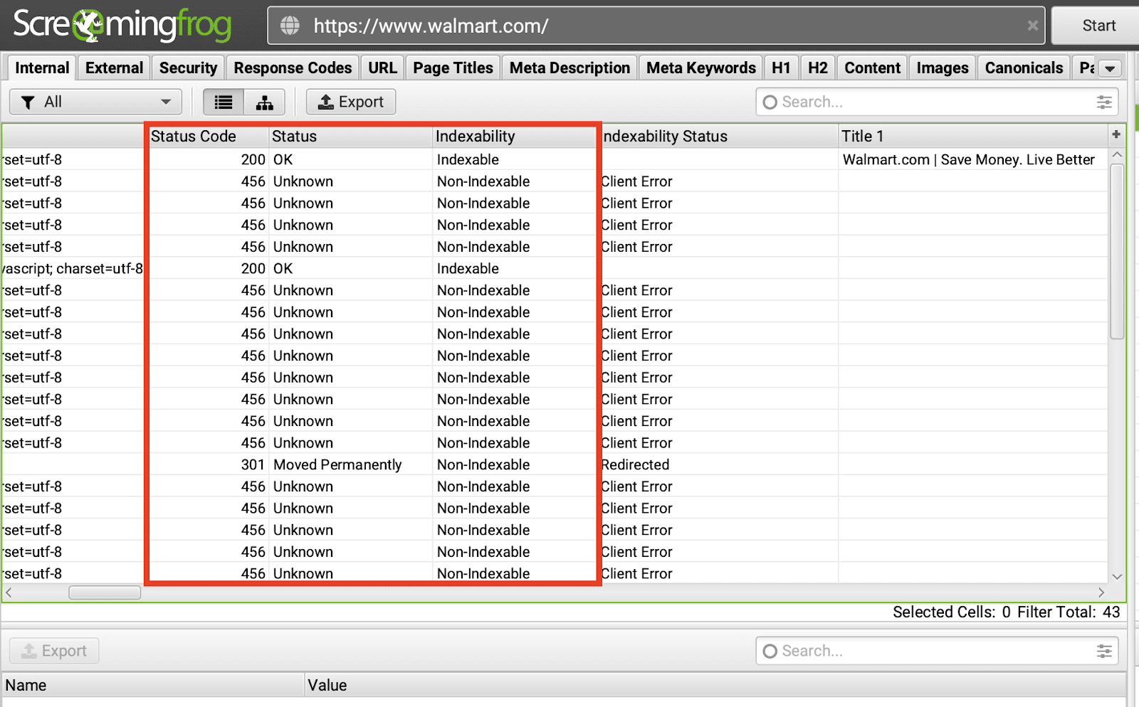 Screaming Frog Walmart status codes