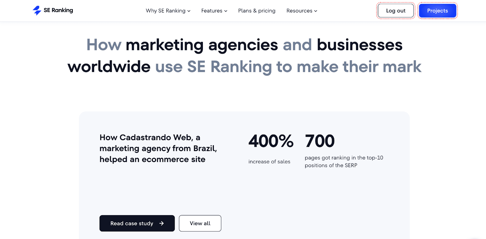 Example of case study section on SE Ranking's homepage