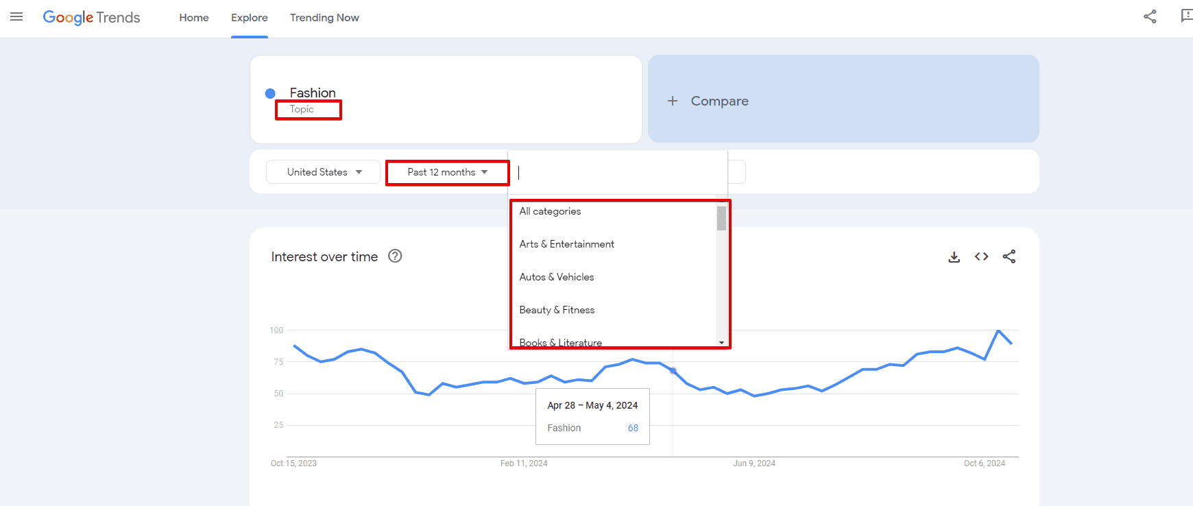 Filters in Google Trends Explore section