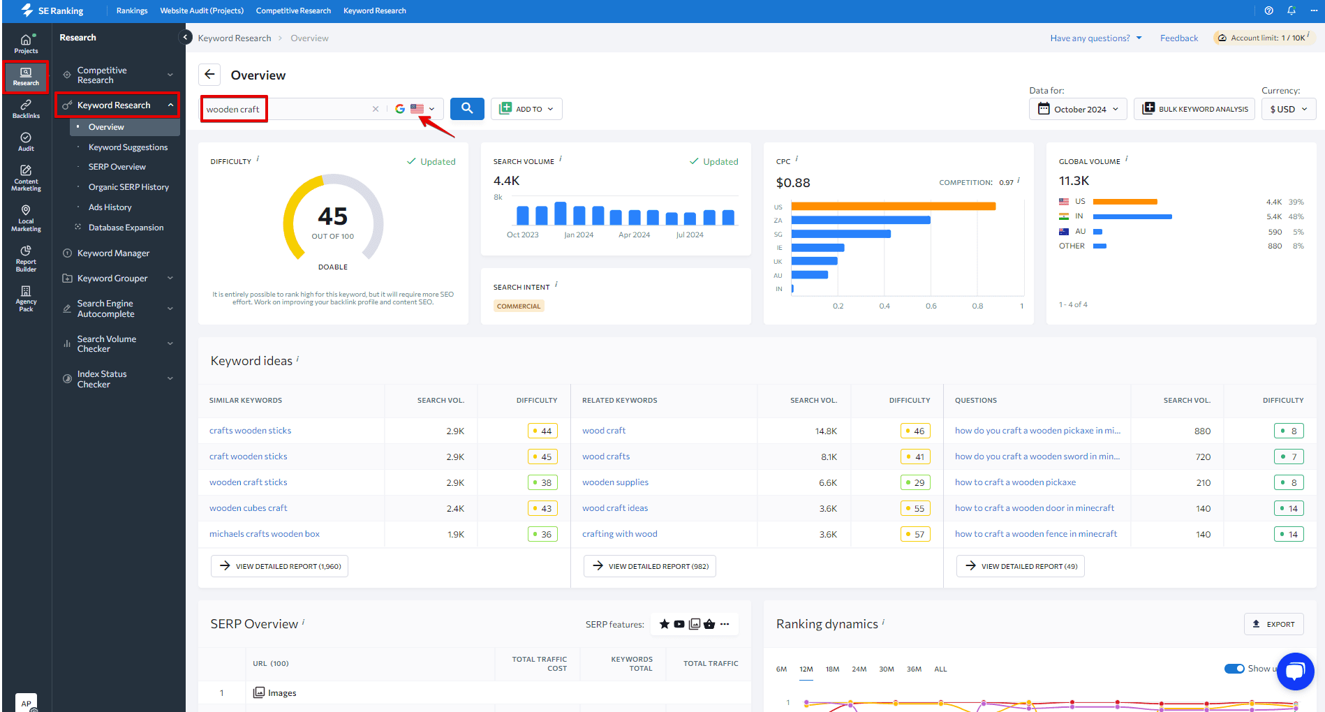 keyword research with SE Ranking