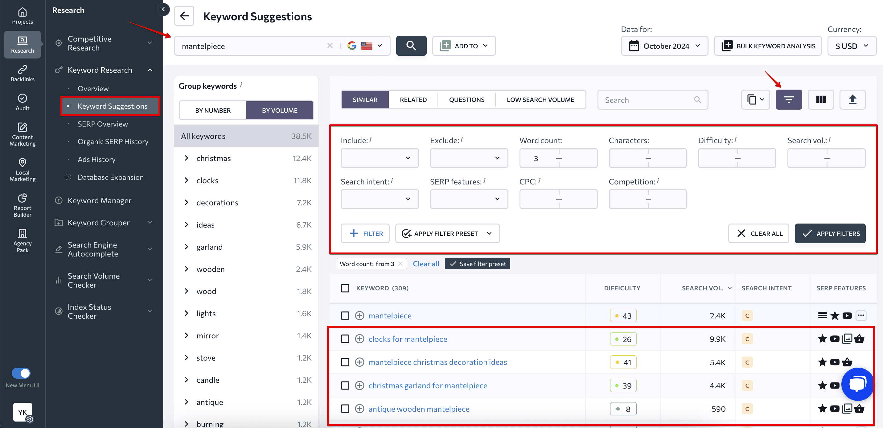 Keyword filters SE Ranking