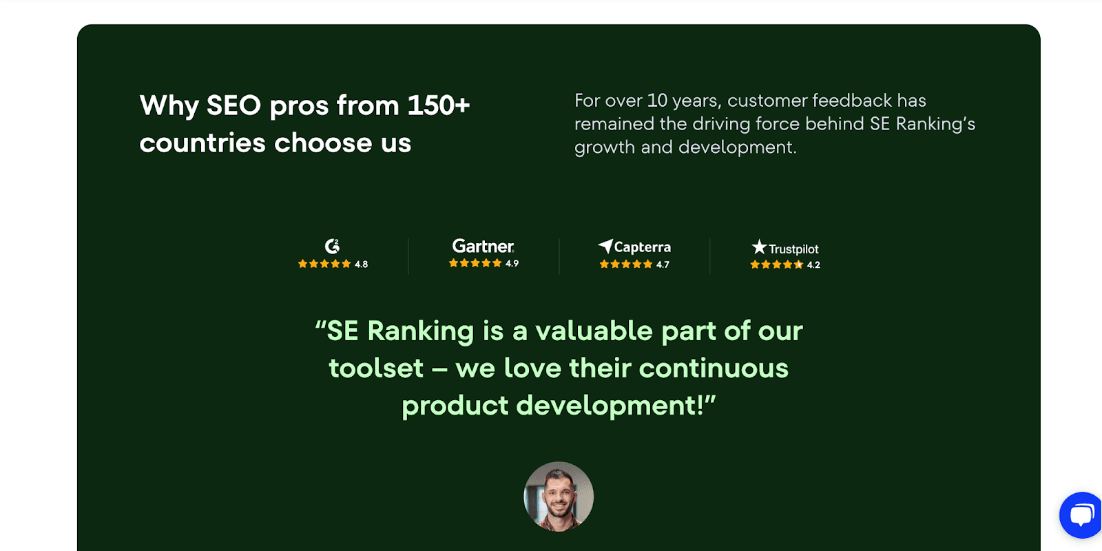 Example of testimonials section on SE Ranking's homepage