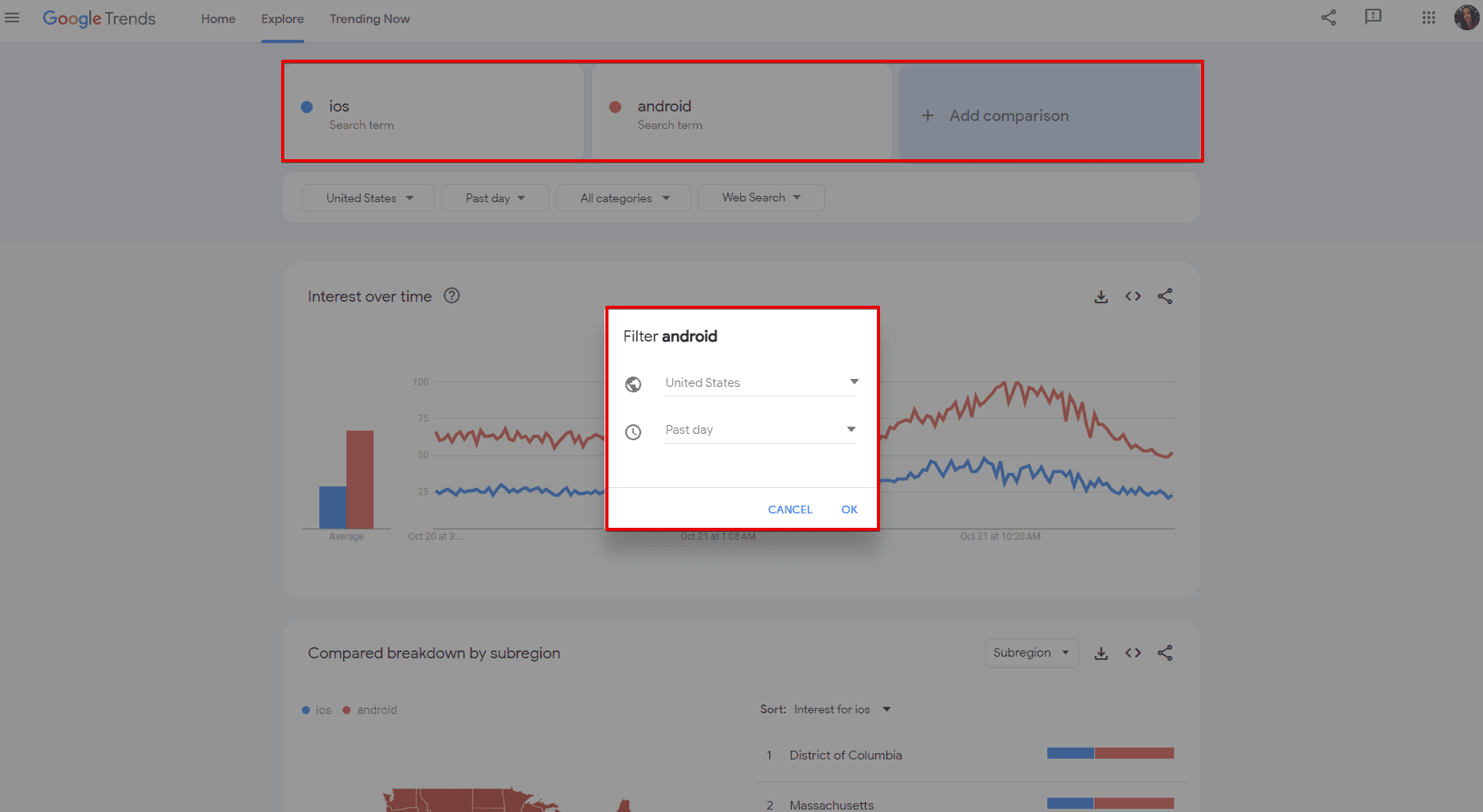 Filtering options of Google Trend's comparison feature