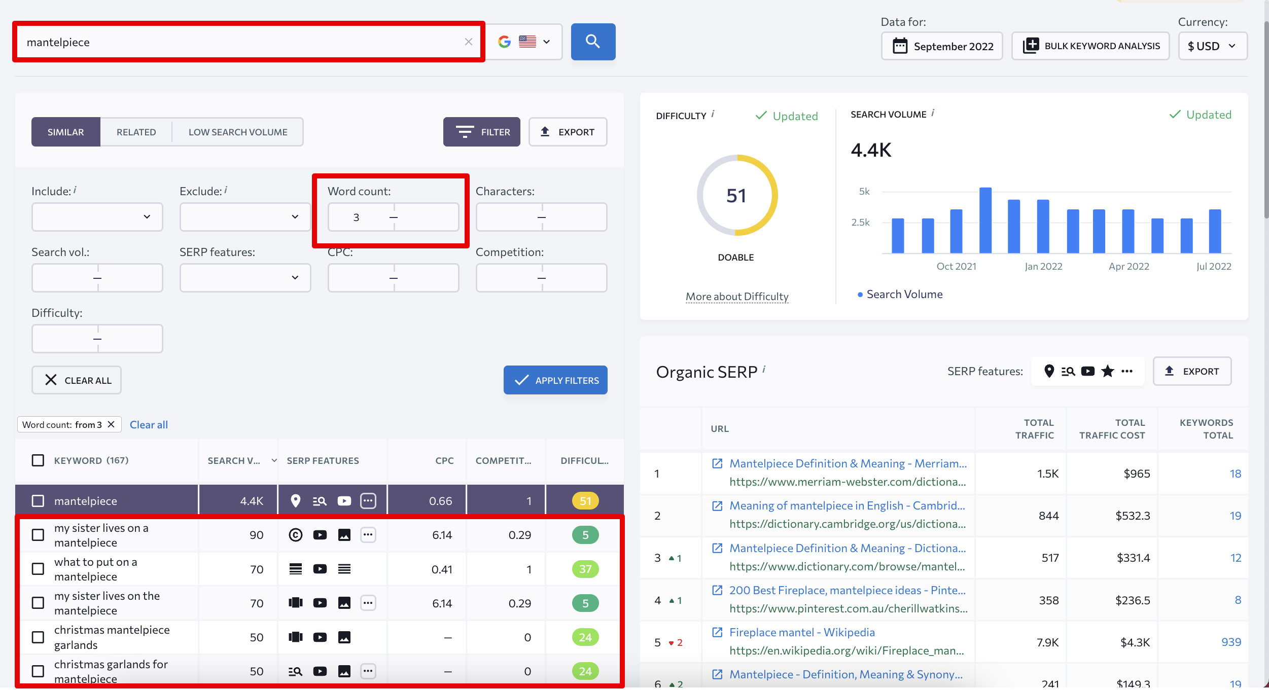 Keyword filters SE Ranking