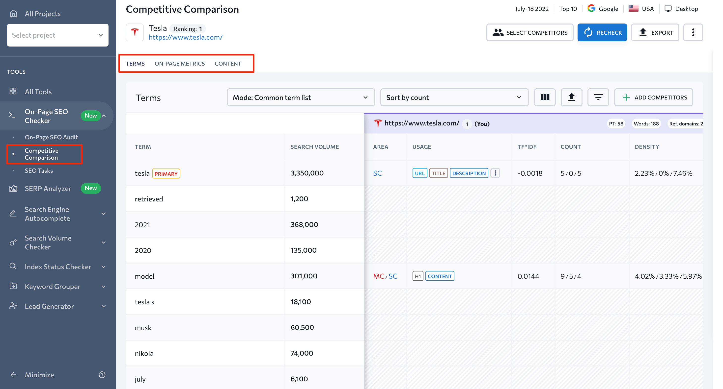 Competitive Comparison in On-Page SEO Checker