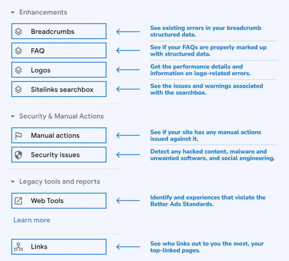 Other tools and reports in GSC