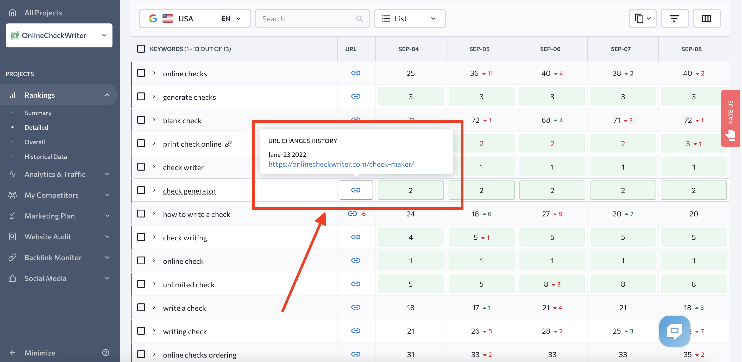 URL changes history in Rank Tracker