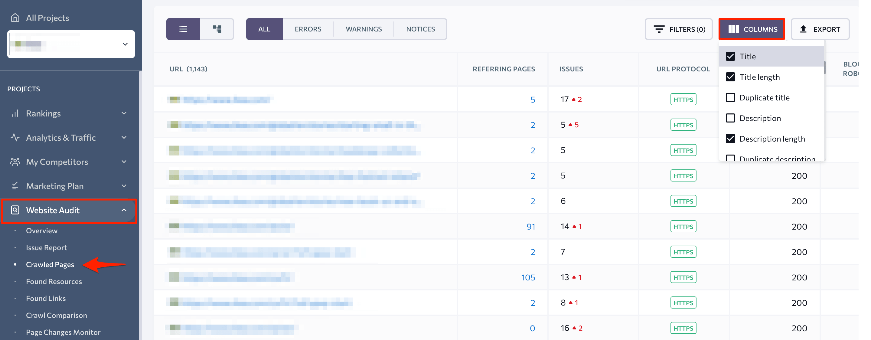 Website audit crawled pages