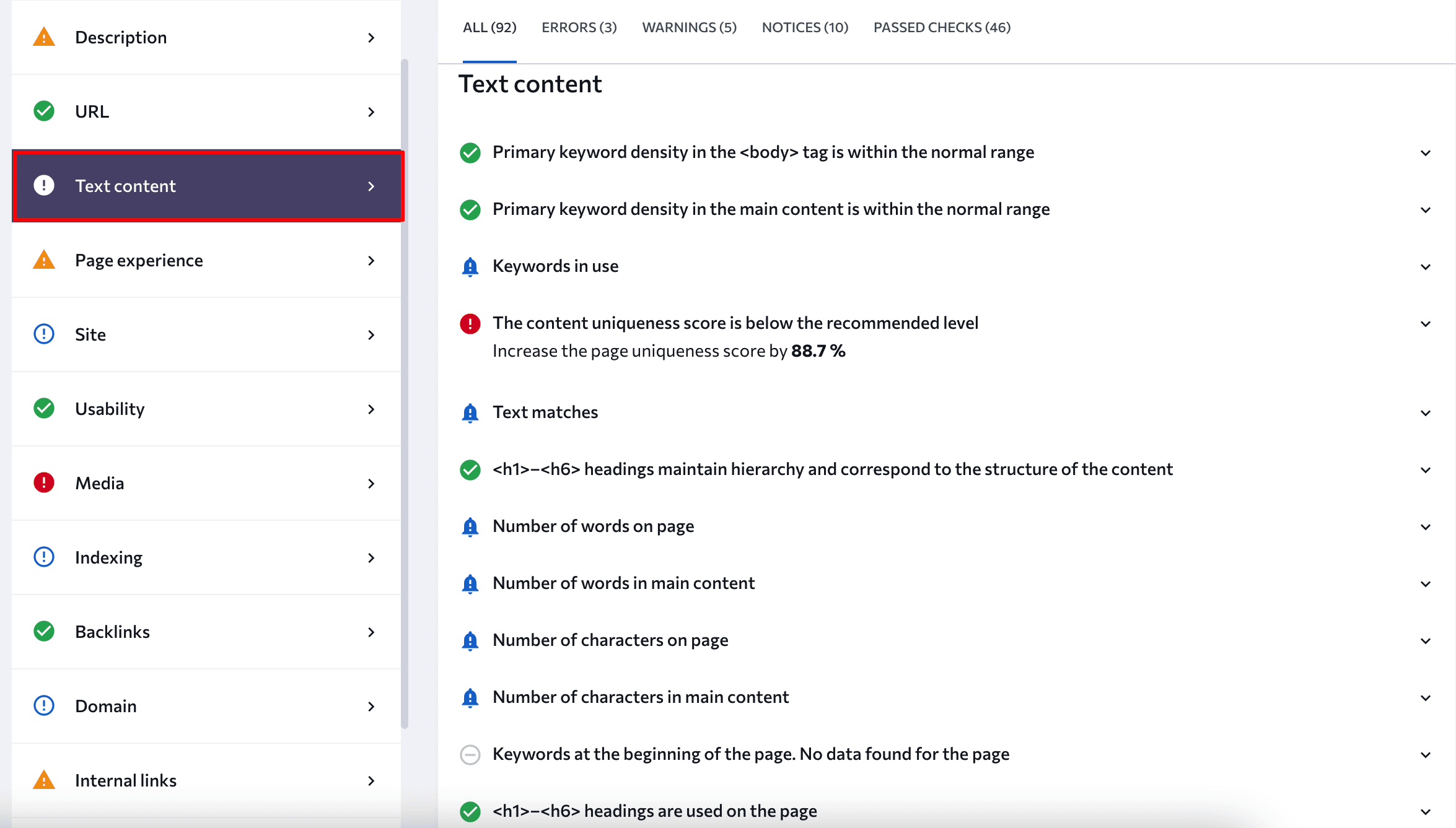 Text content metrics