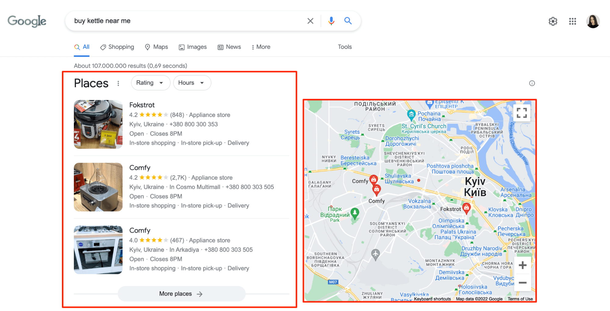 SERP results for transactional intent