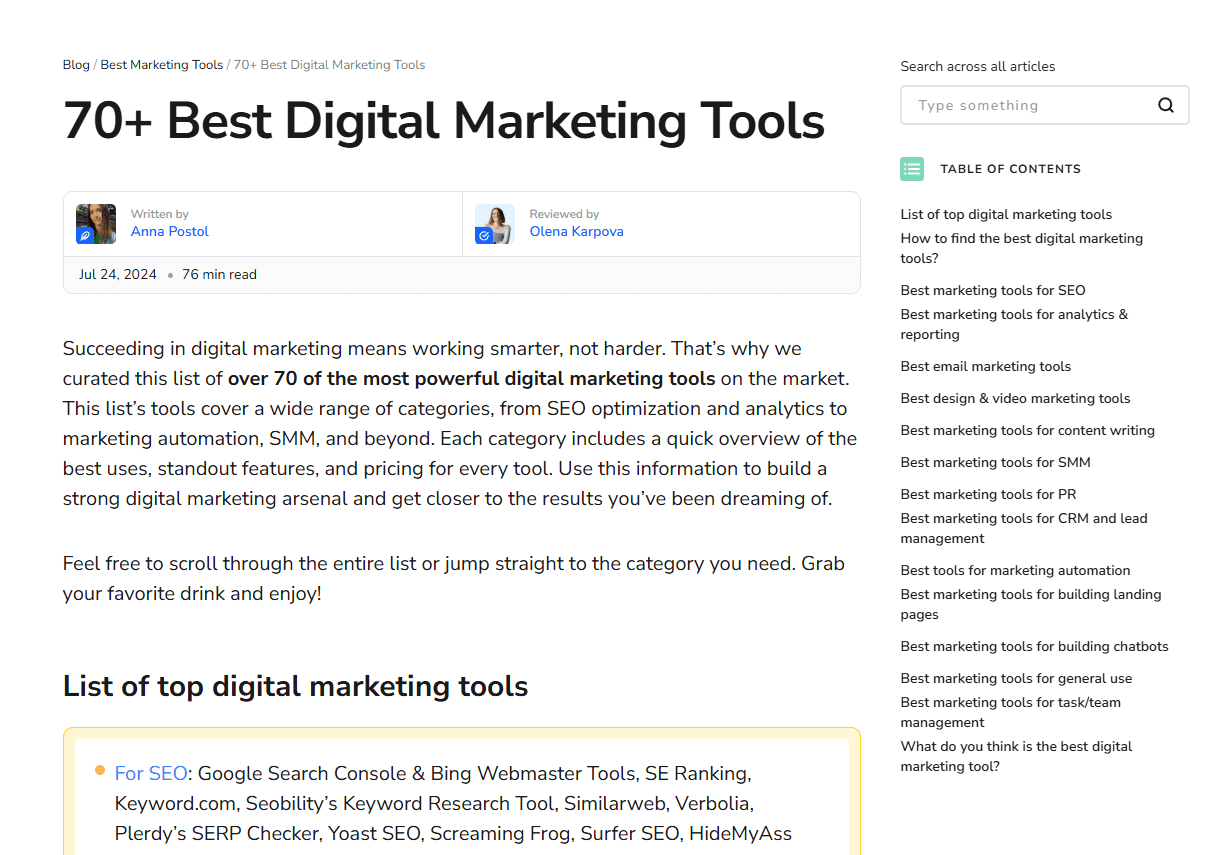 Listicle example on SE Ranking website