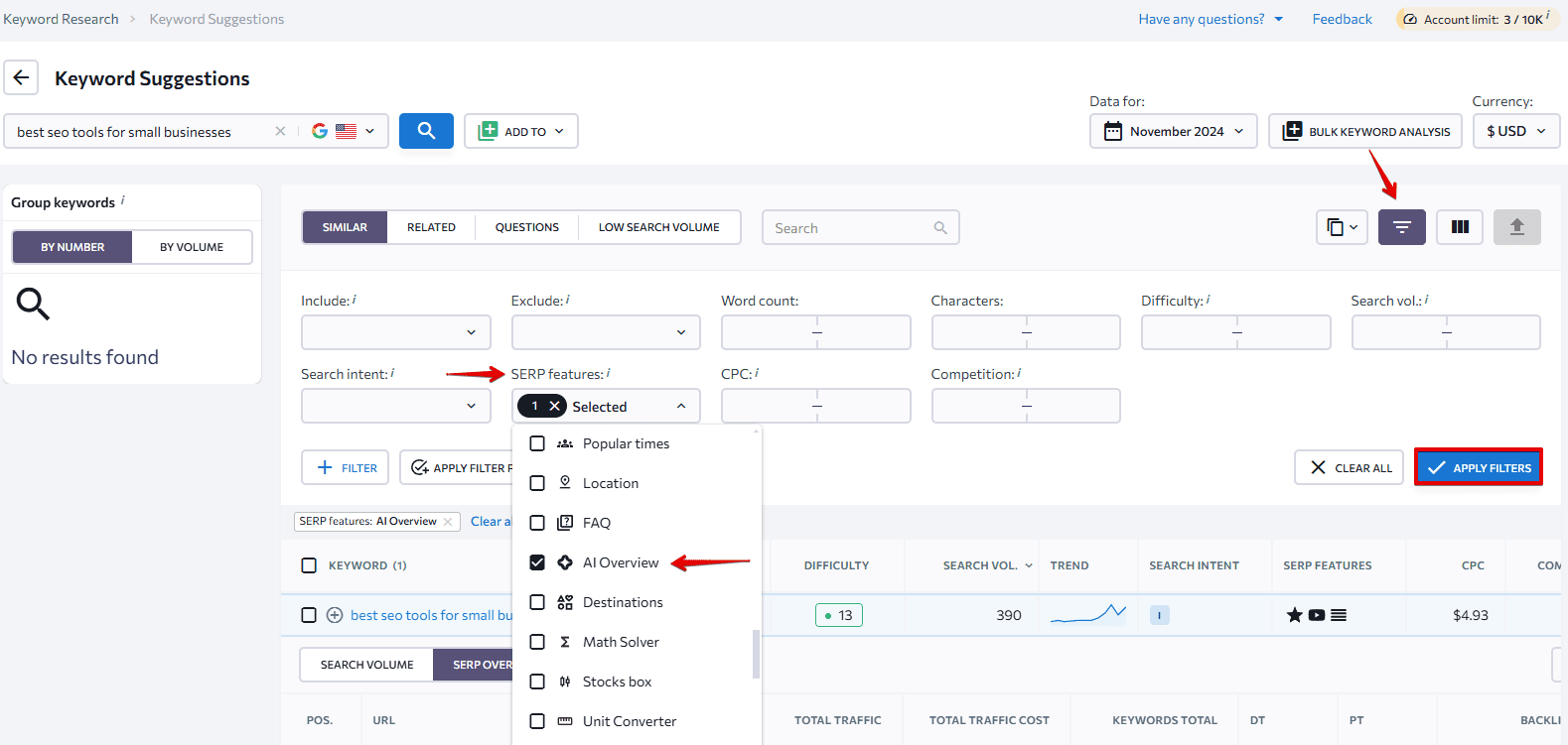 Researching keywords triggering AIOs with SE Ranking