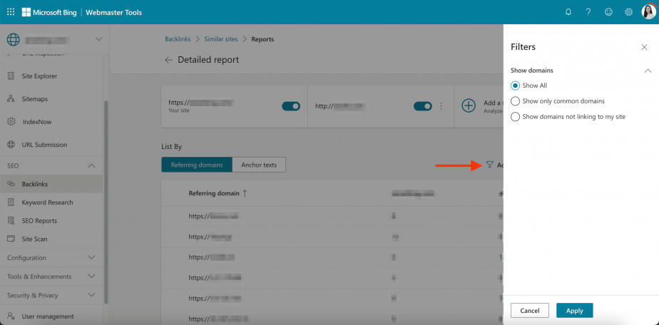 Filters for backlink comparison