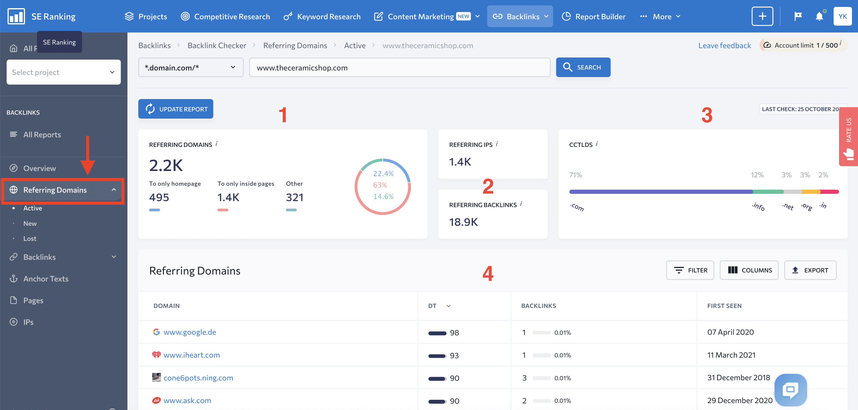 Referring Domains report in Backlink Checker