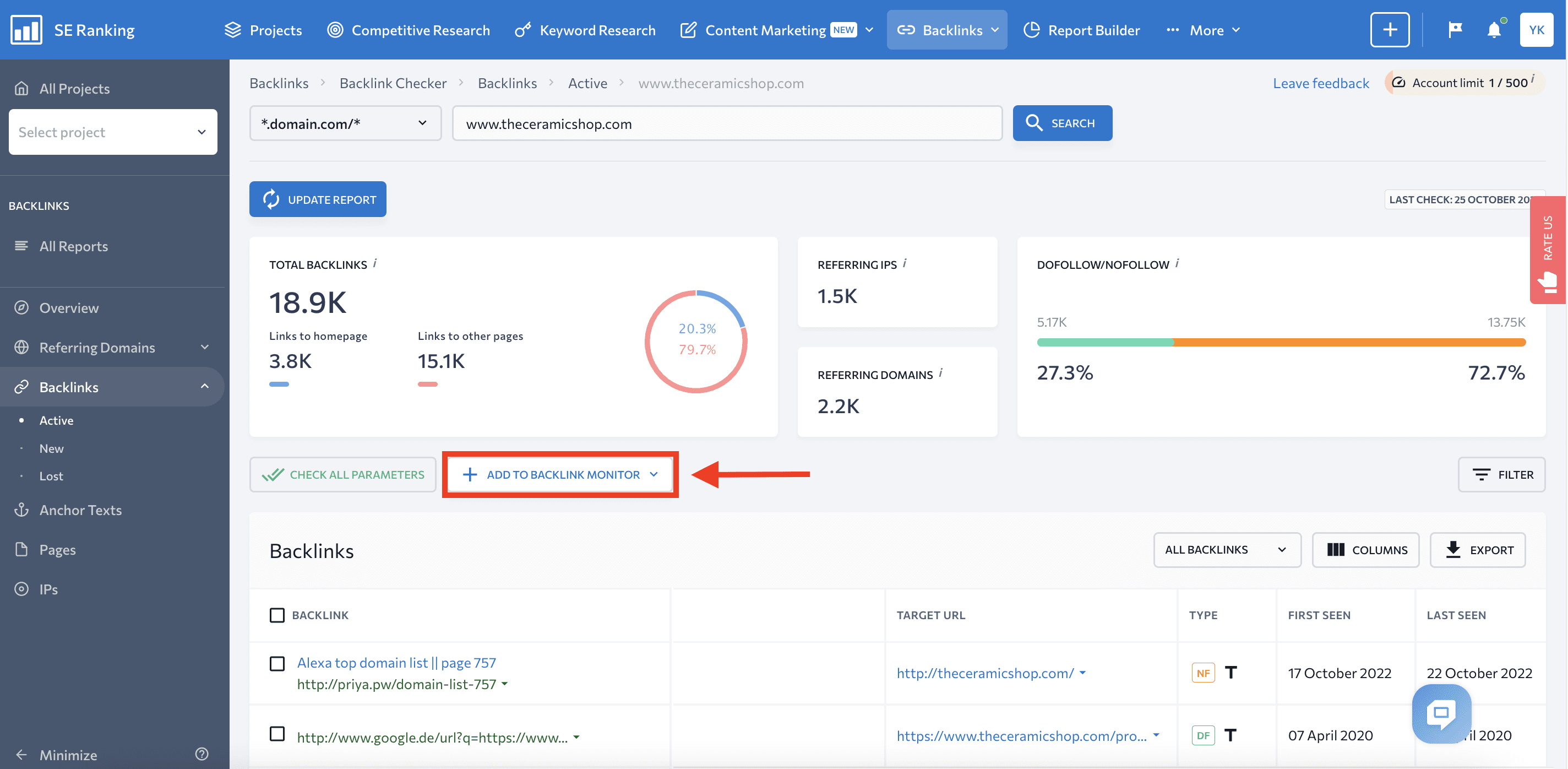 Add backlinks to Backlink Monitoring Tool