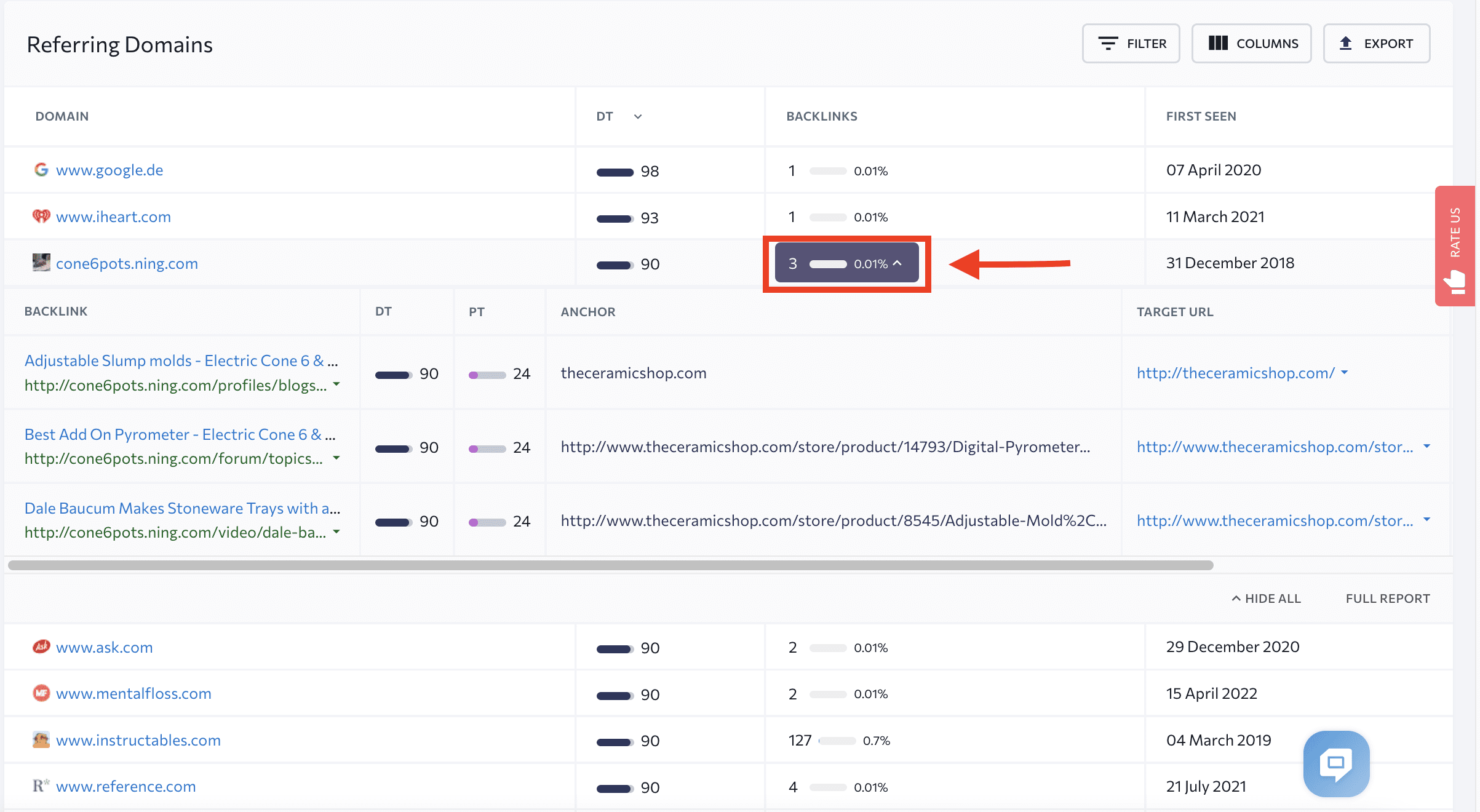 List of referring domain's backlinks