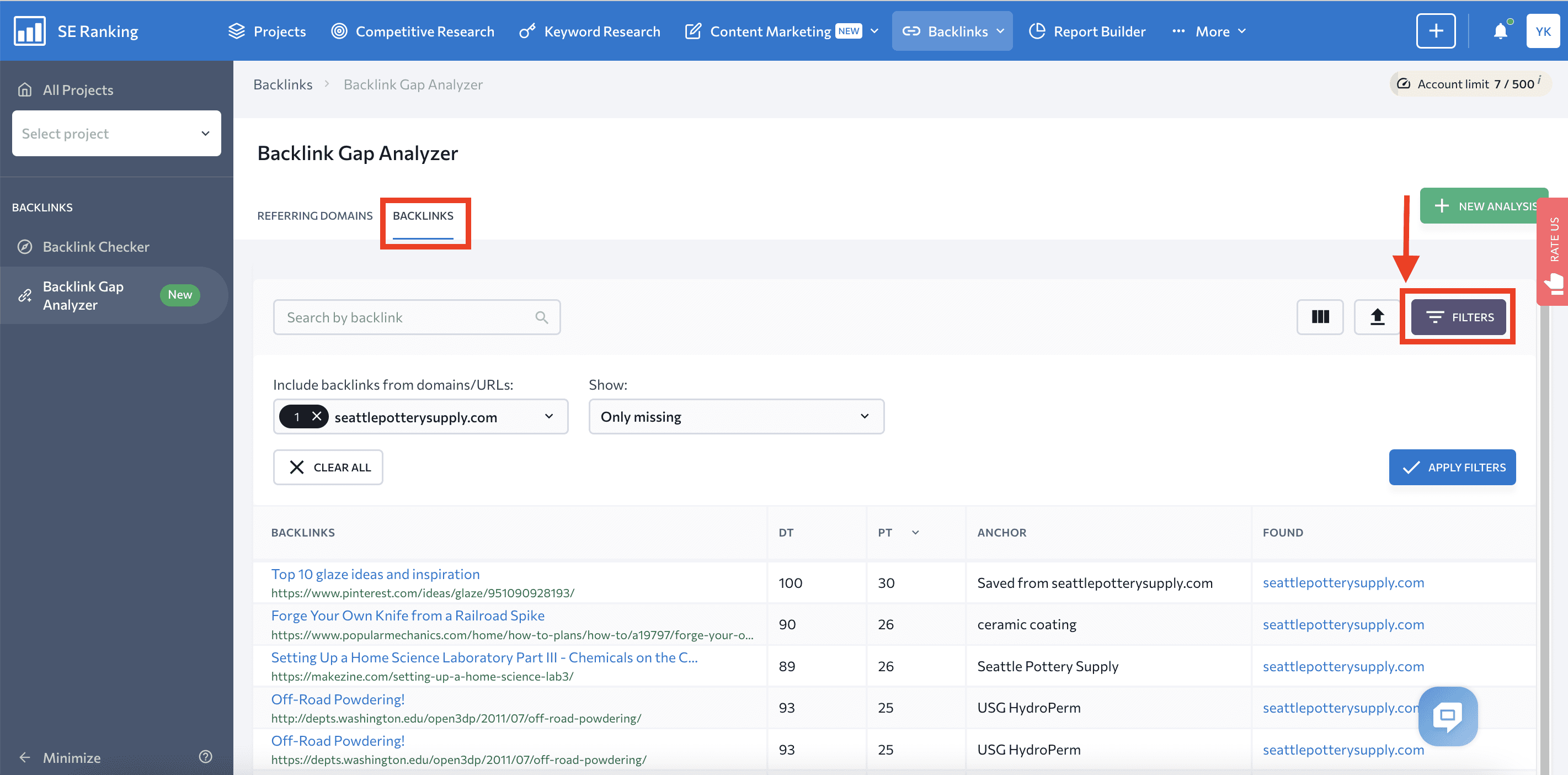 Filter backlinks in Backlink Gap Analyzer