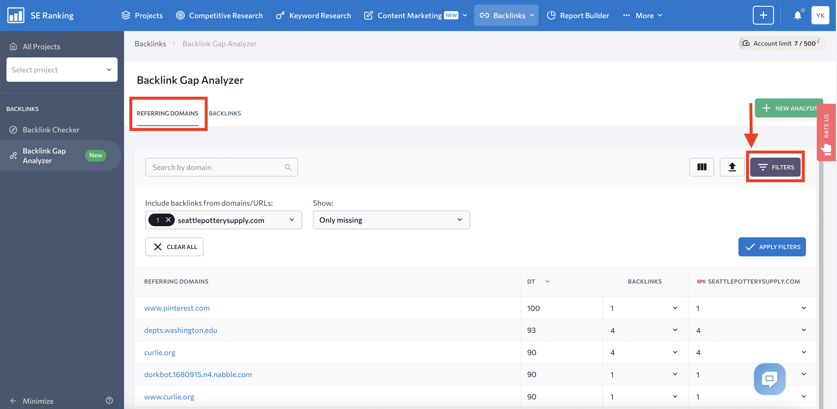 Backlink Gap Analyzer filters for referring domains 