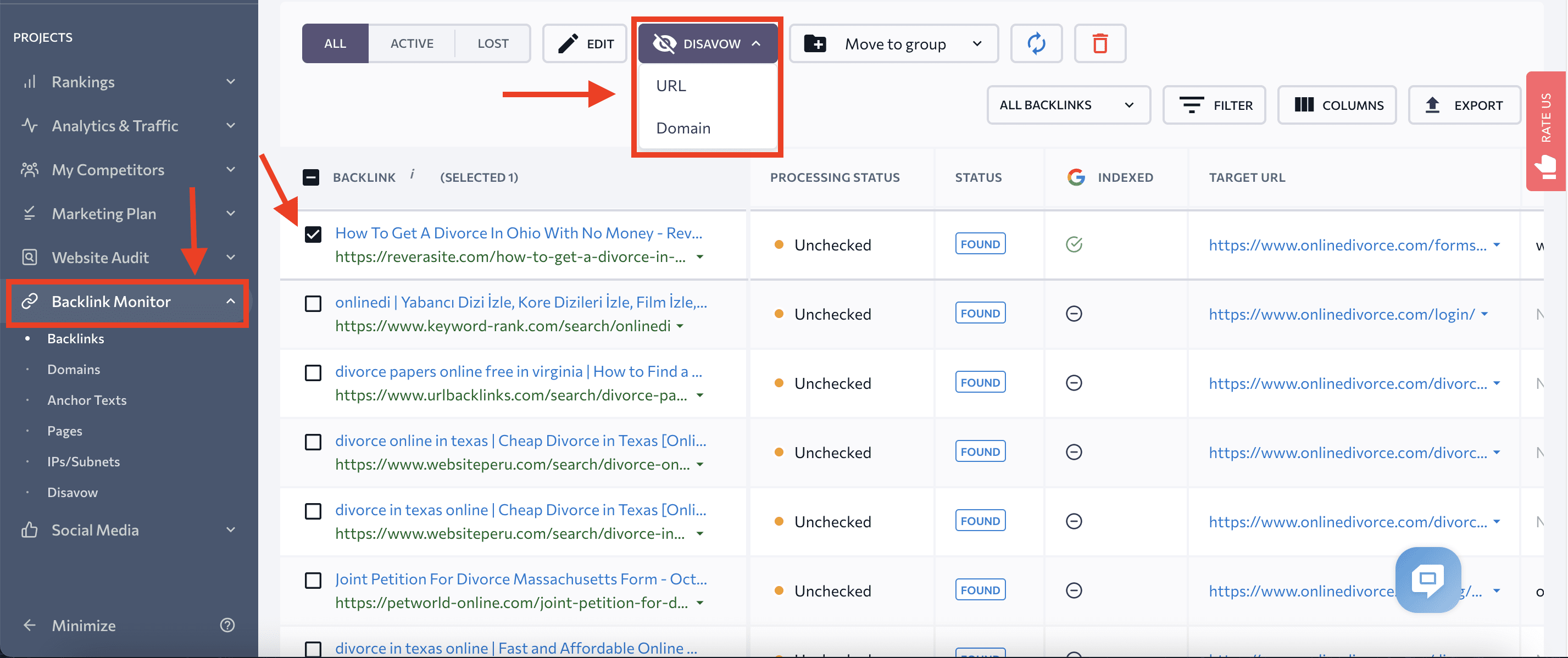 Mark links as disavowed in Backlink Monitoring Tool