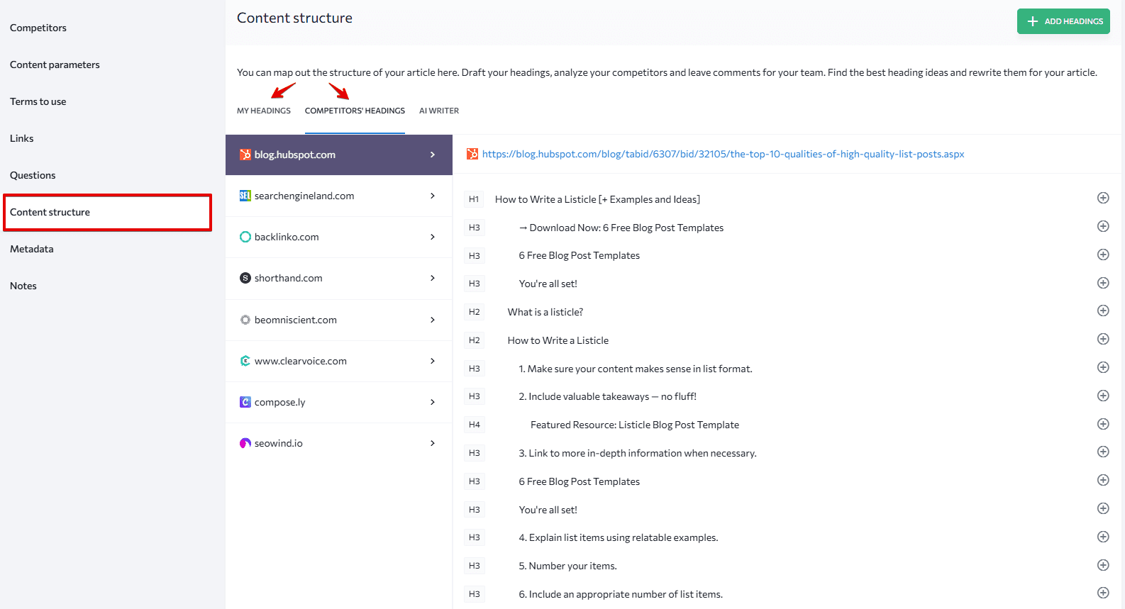 Content structure settings