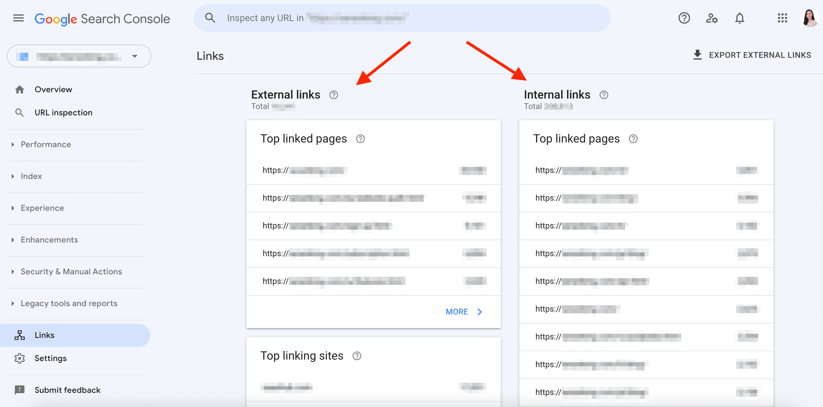 GSC Links report with external and internal links