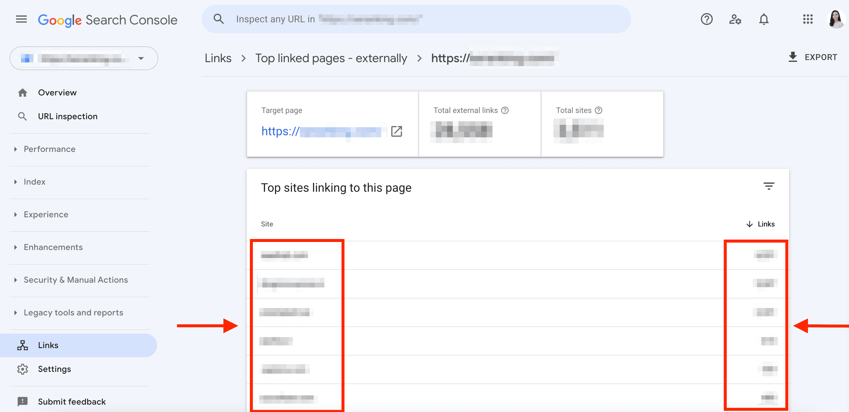 Top sites linking to target page