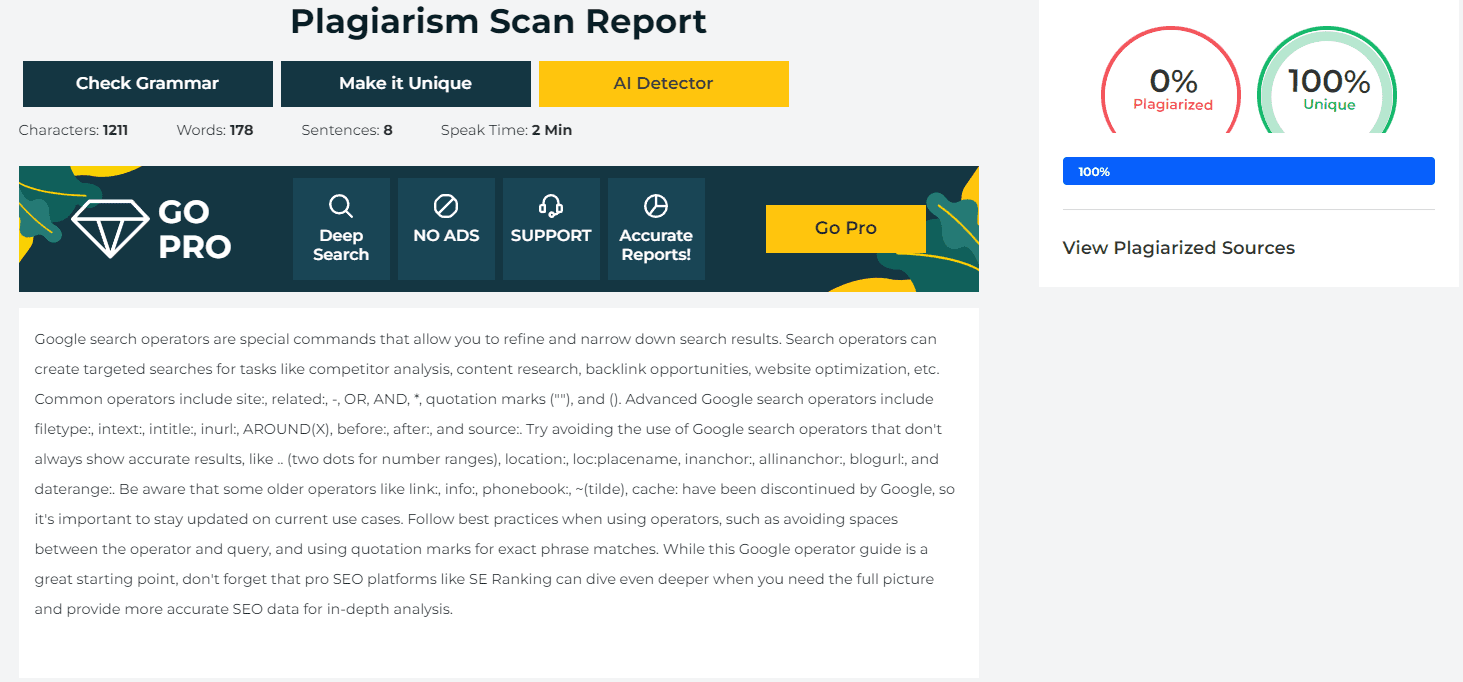 Plagiarism checker tool example