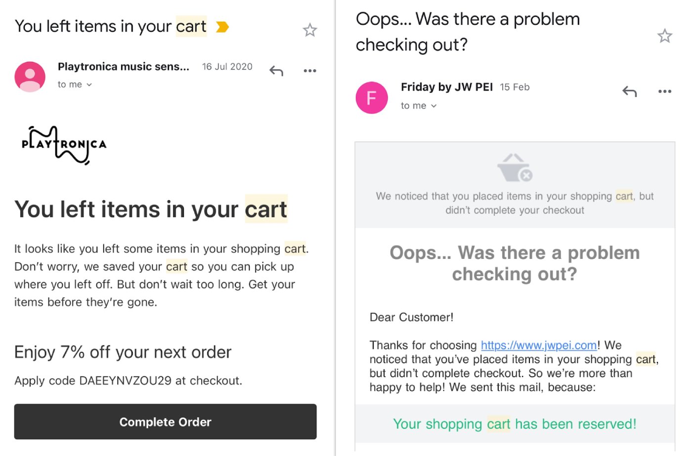 Abandoned cart emails examples