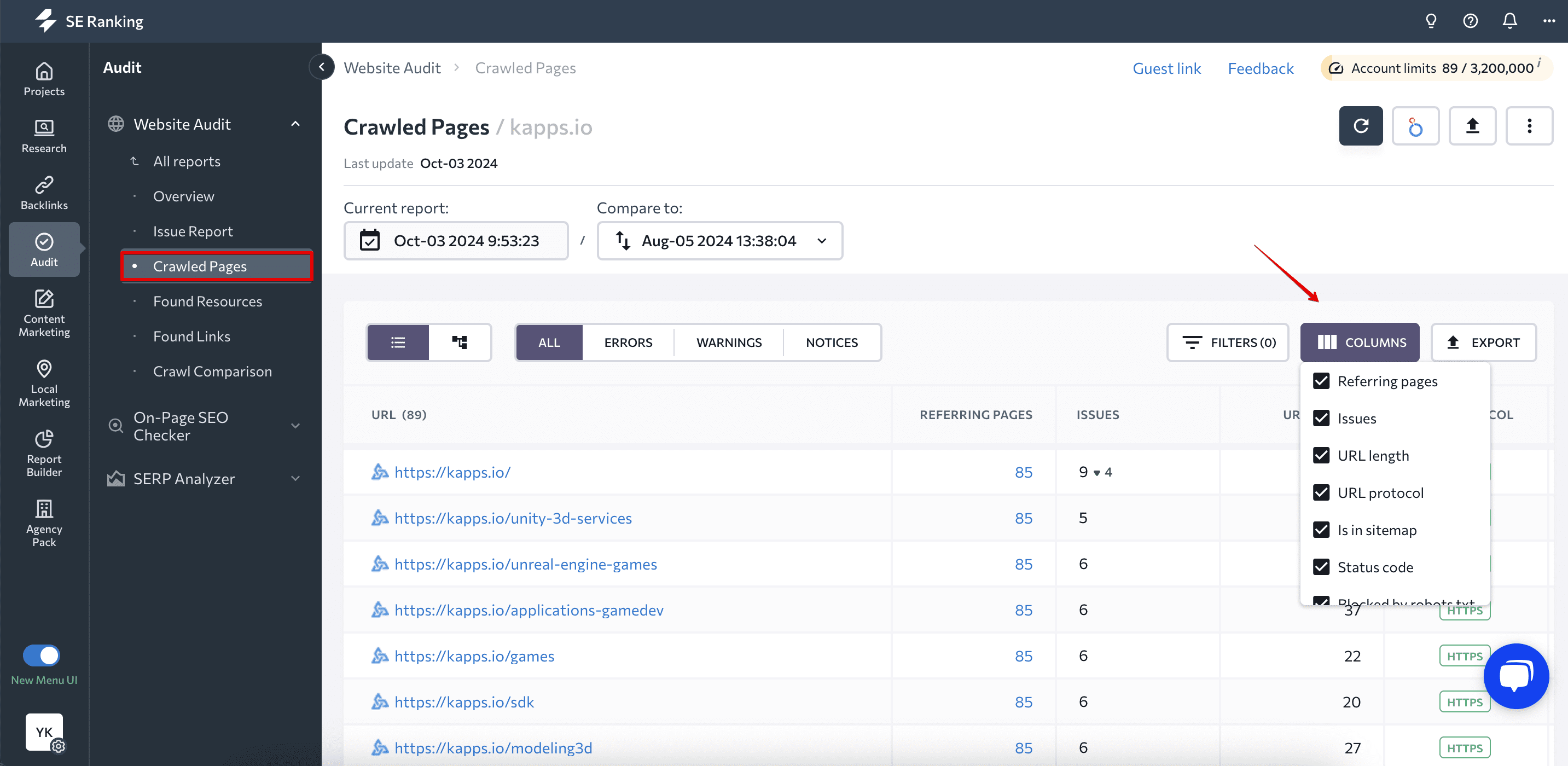 Columns in Crawled Pages tab