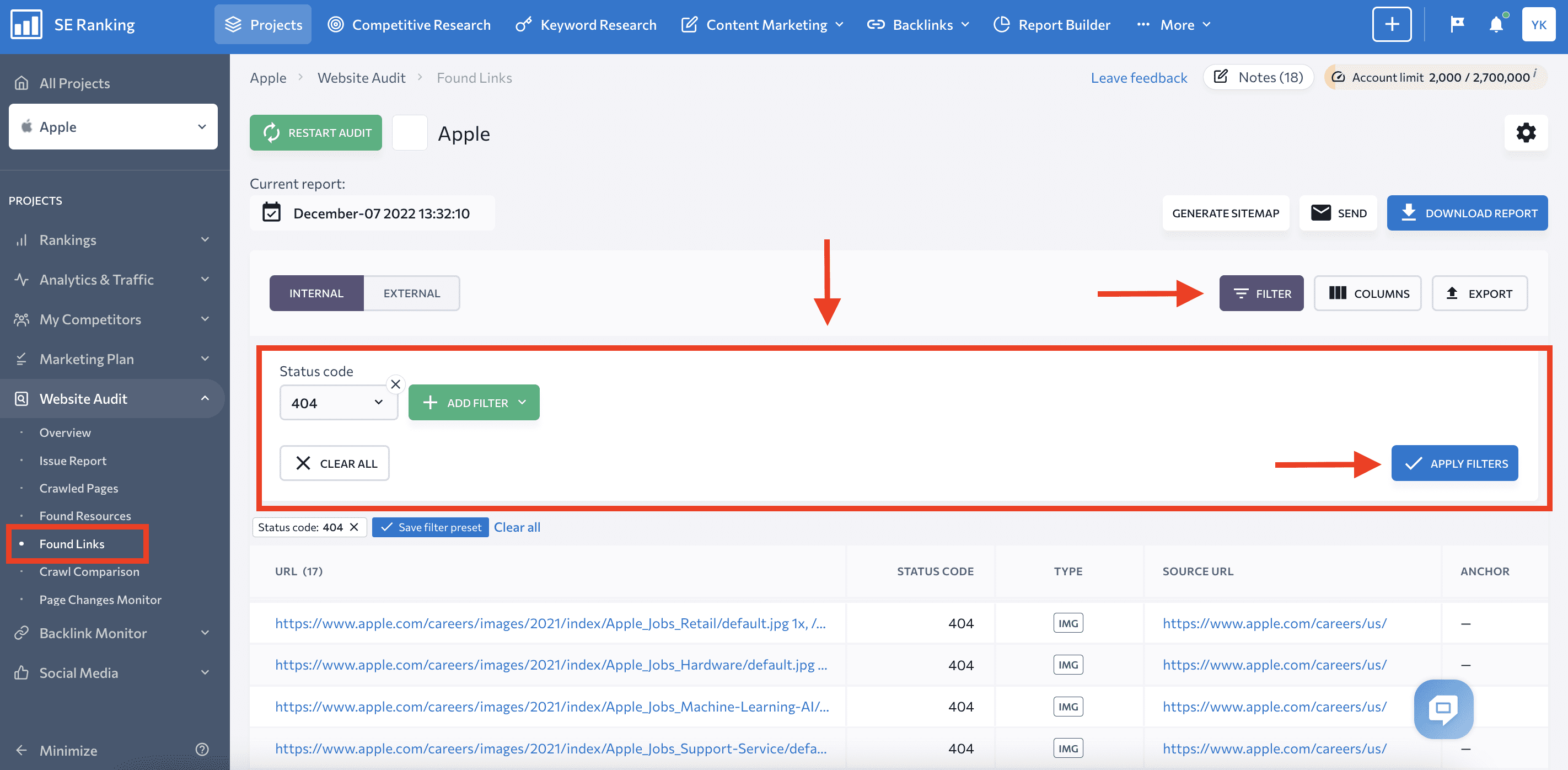 Filters for found links