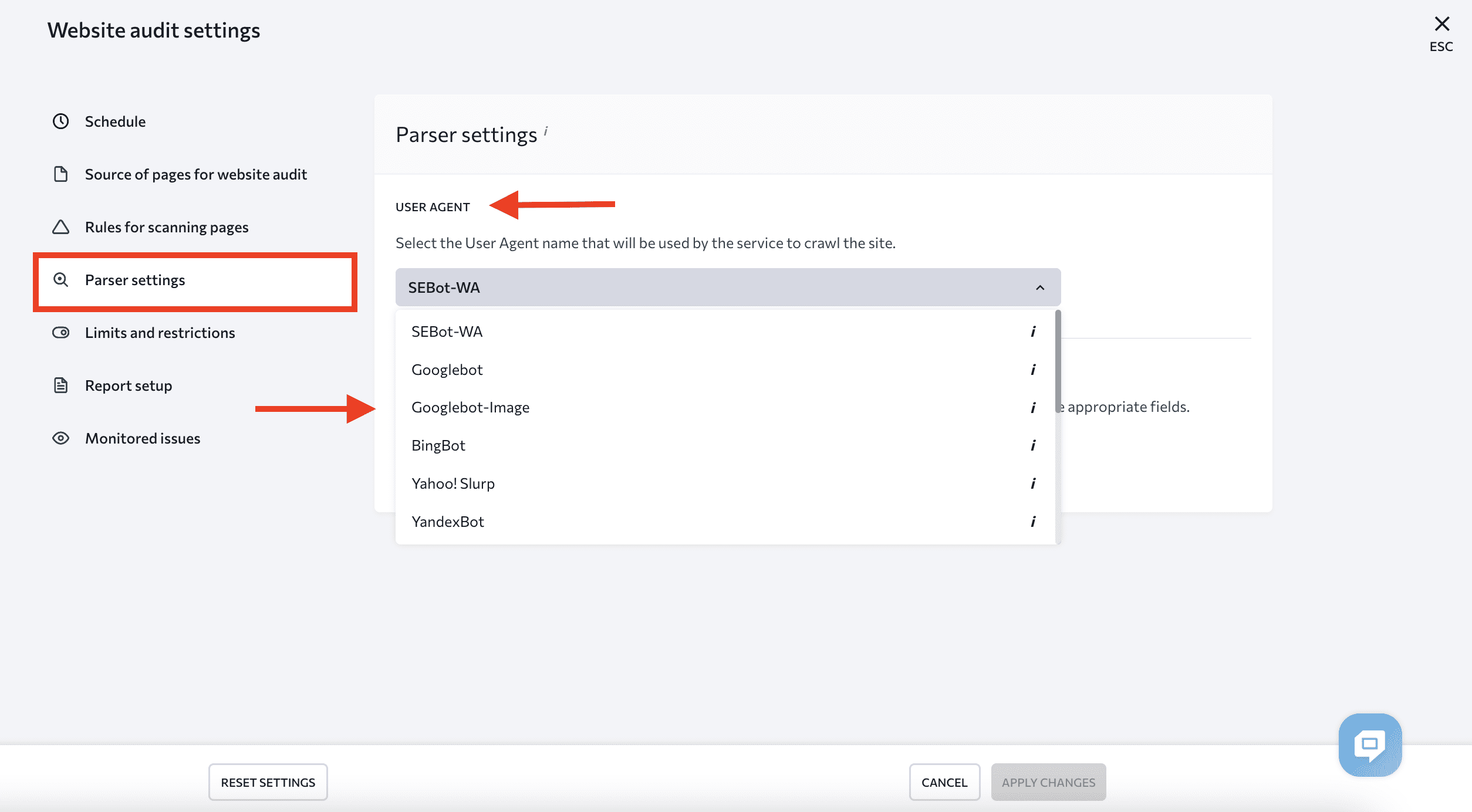 Audit parser settings