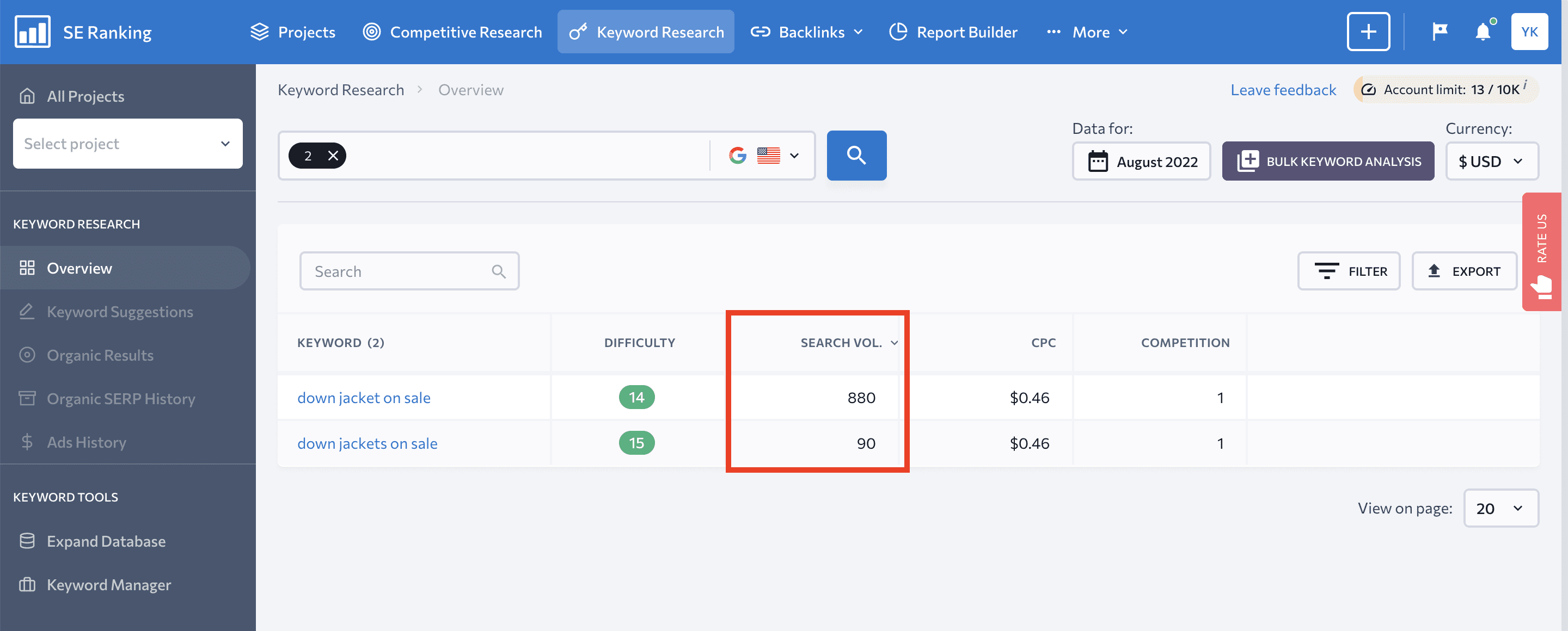 Search volume for terms with prepositions