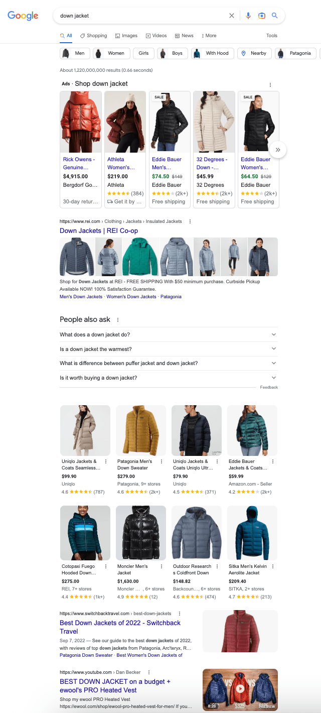 SERP for down jacket