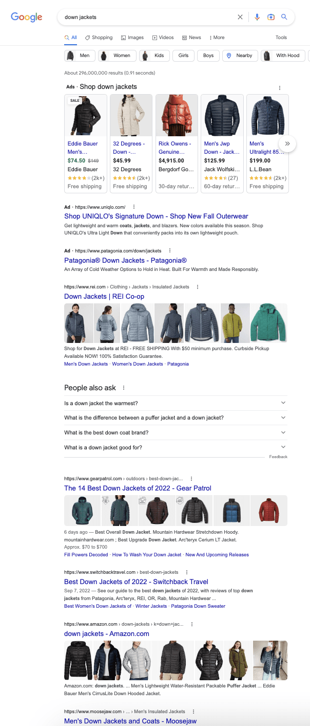 SERP for down jackets