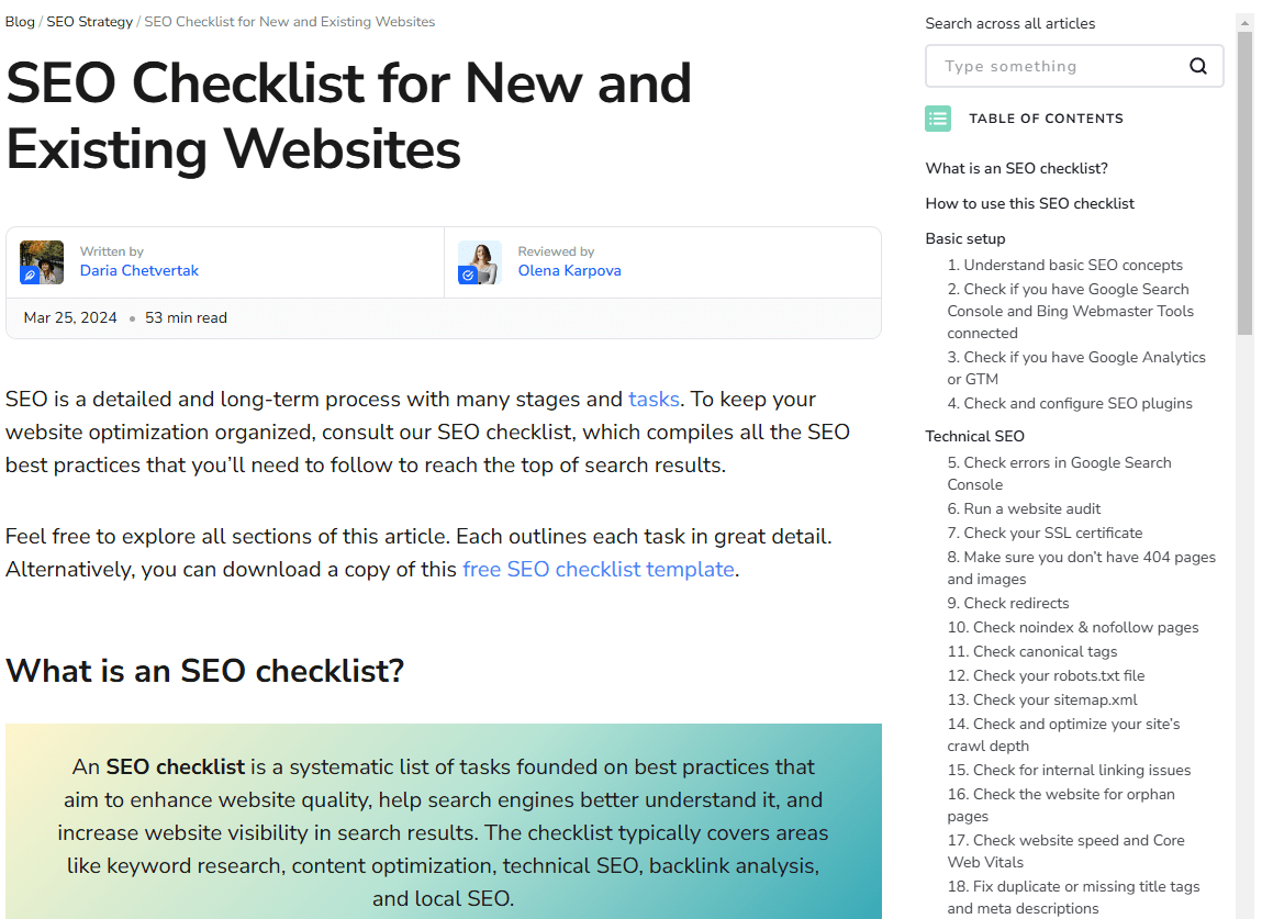 An example of evergreen checklist