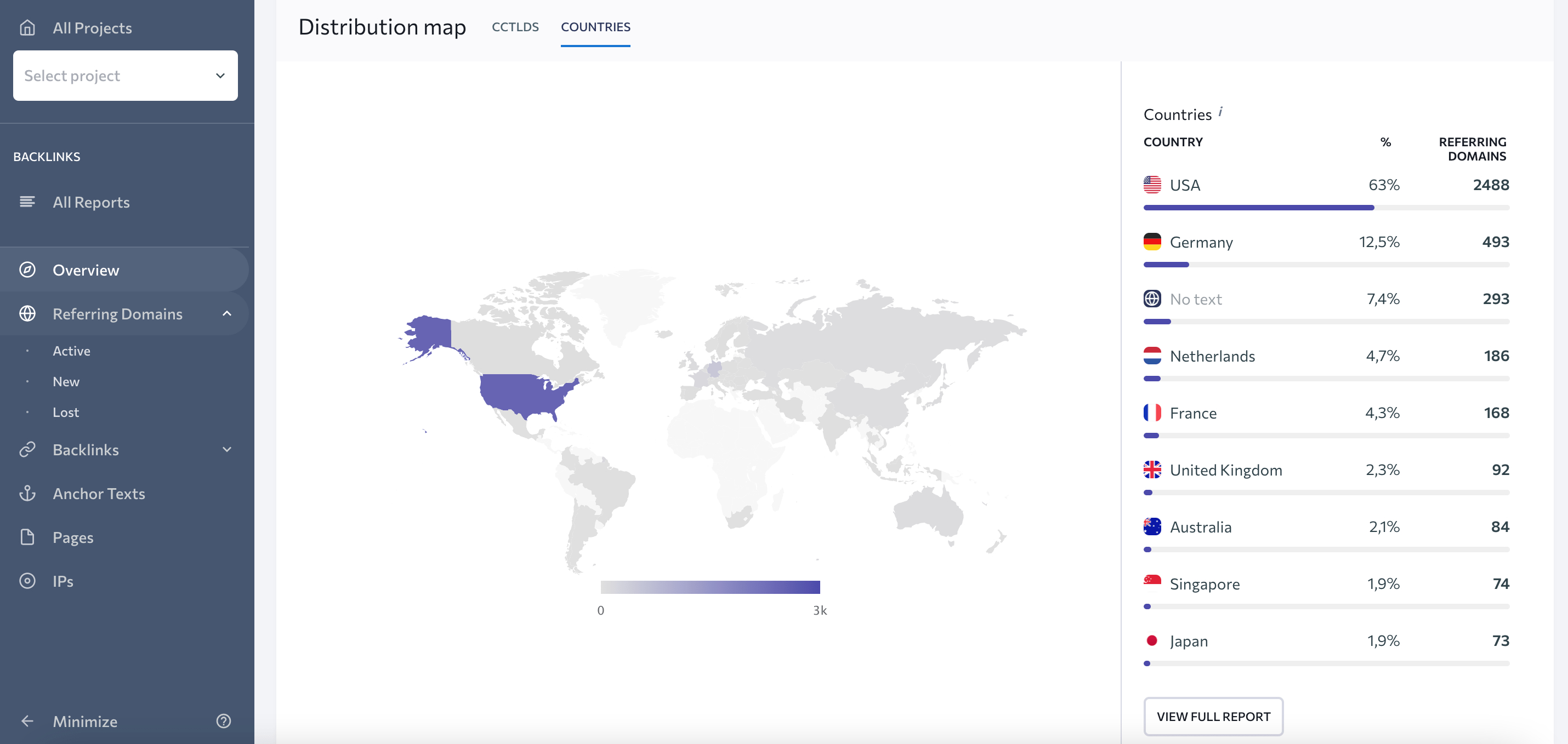 Map of your referring domains’ distribution that shows country code top-level domains