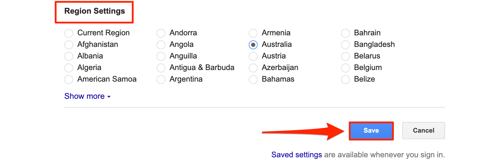 google region settings