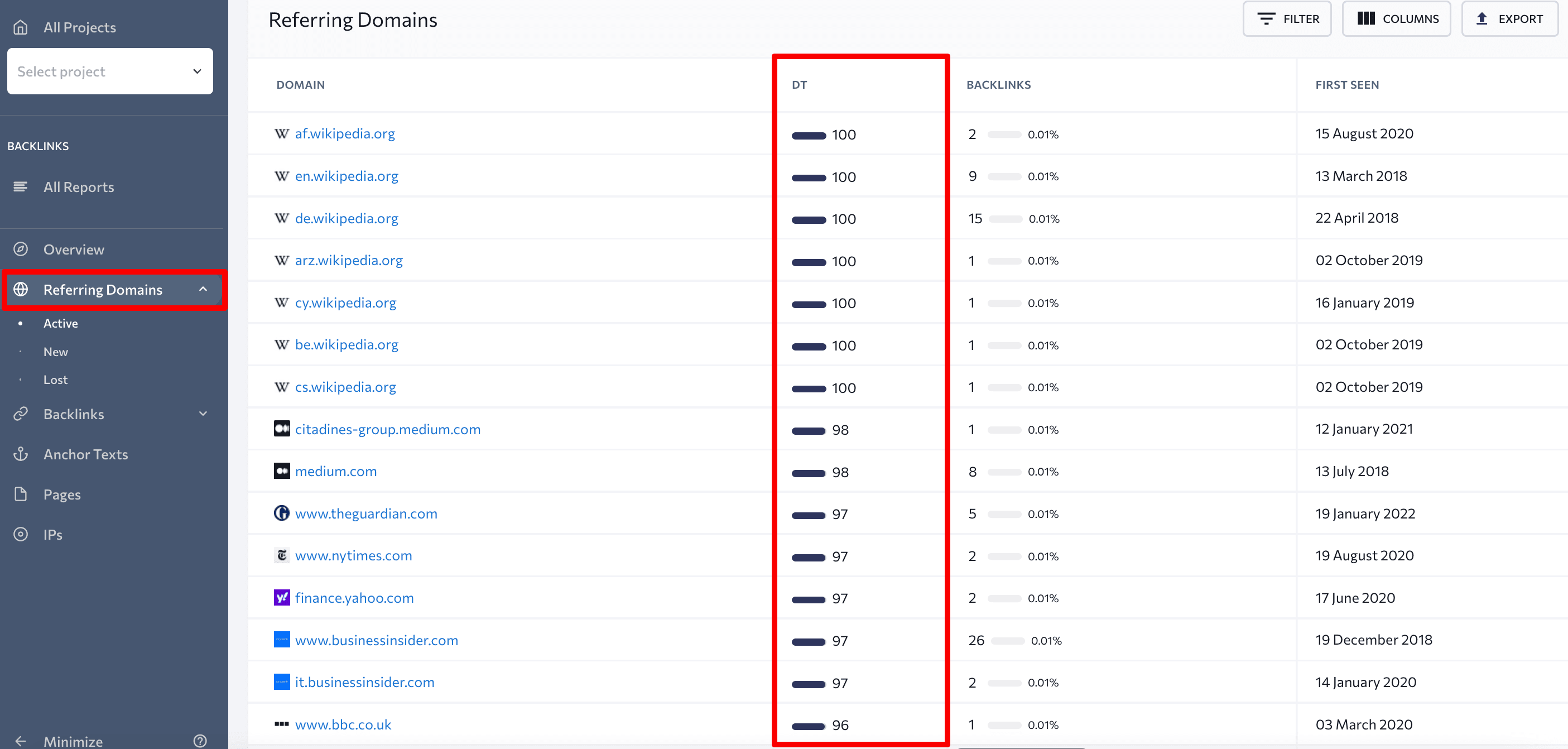 Referring Domains section