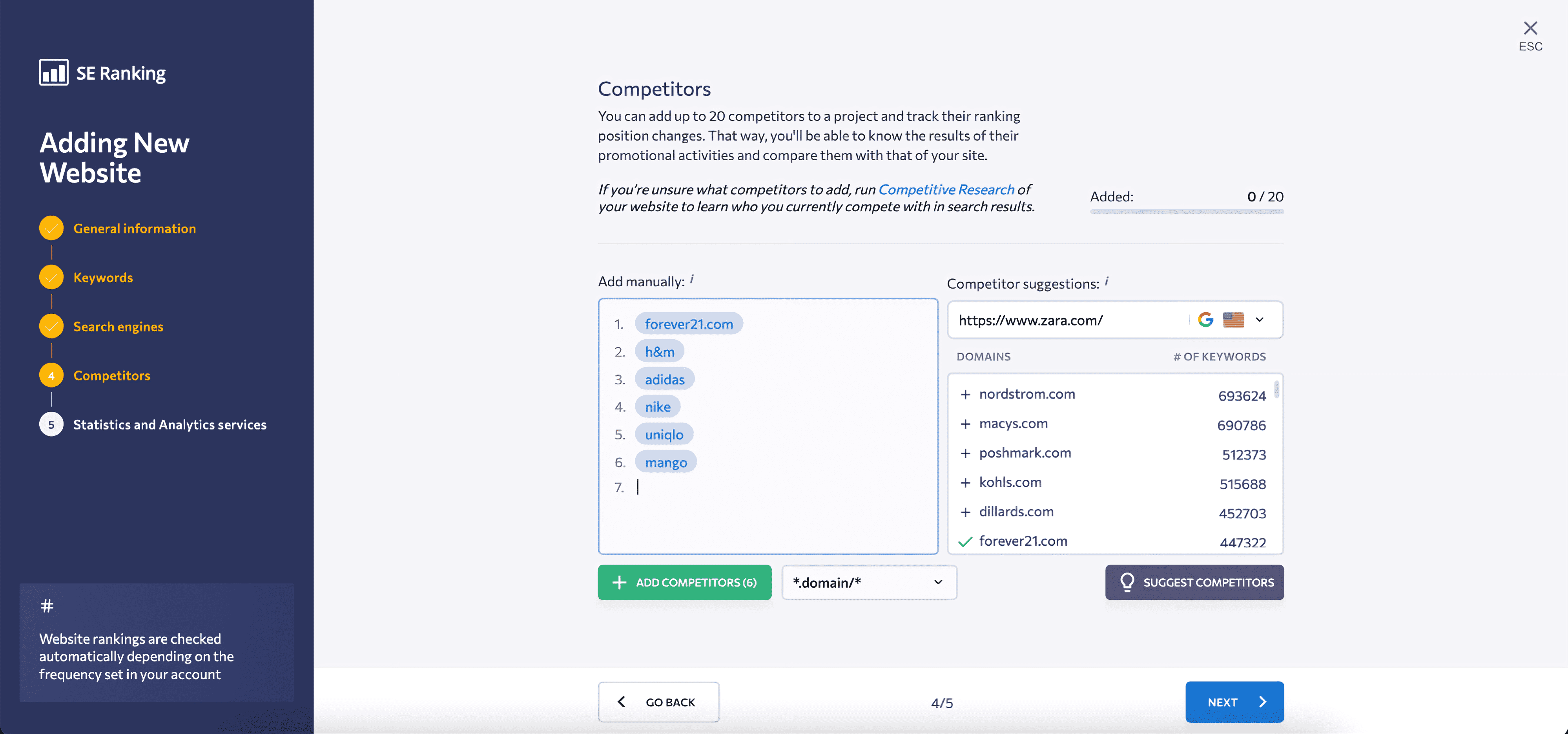 seranking adding competitors