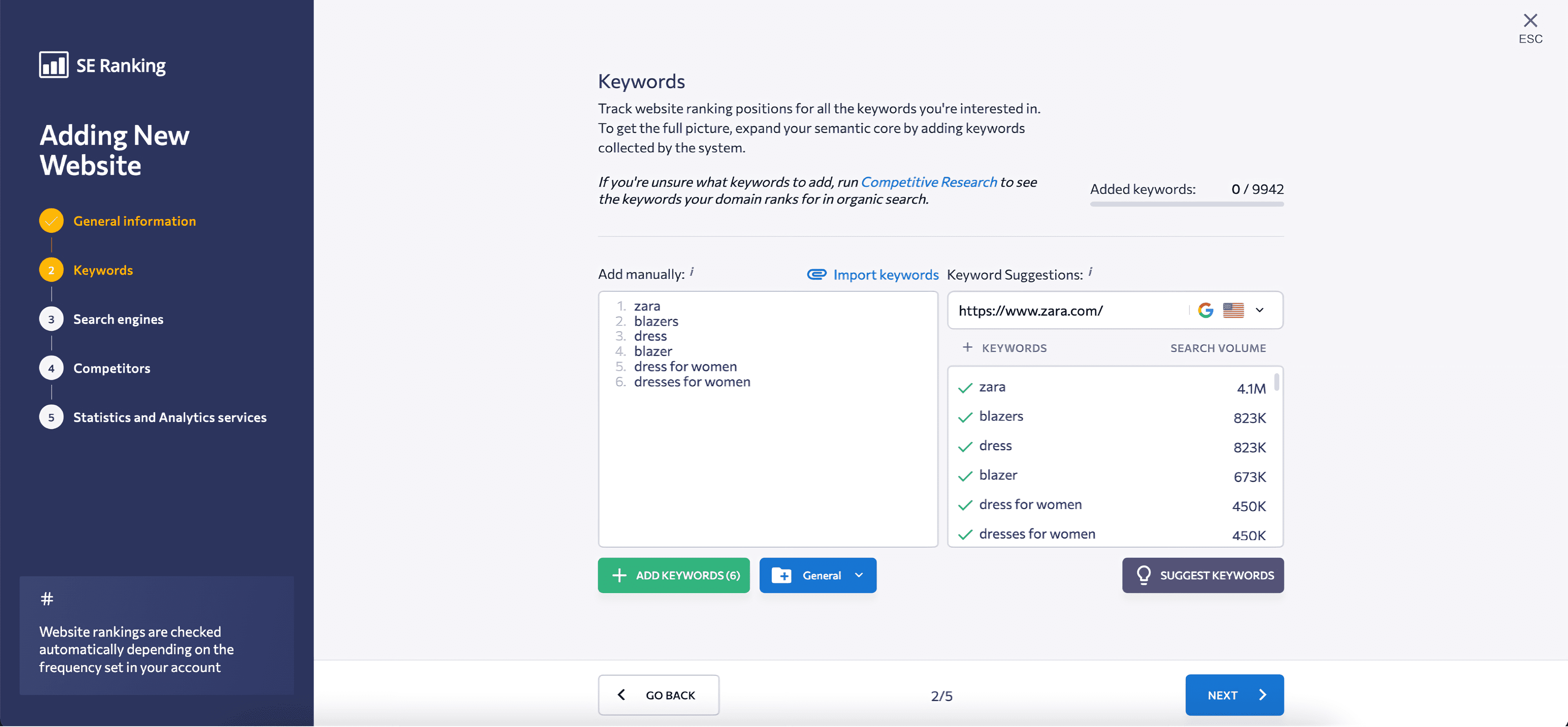 seranking adding keywords