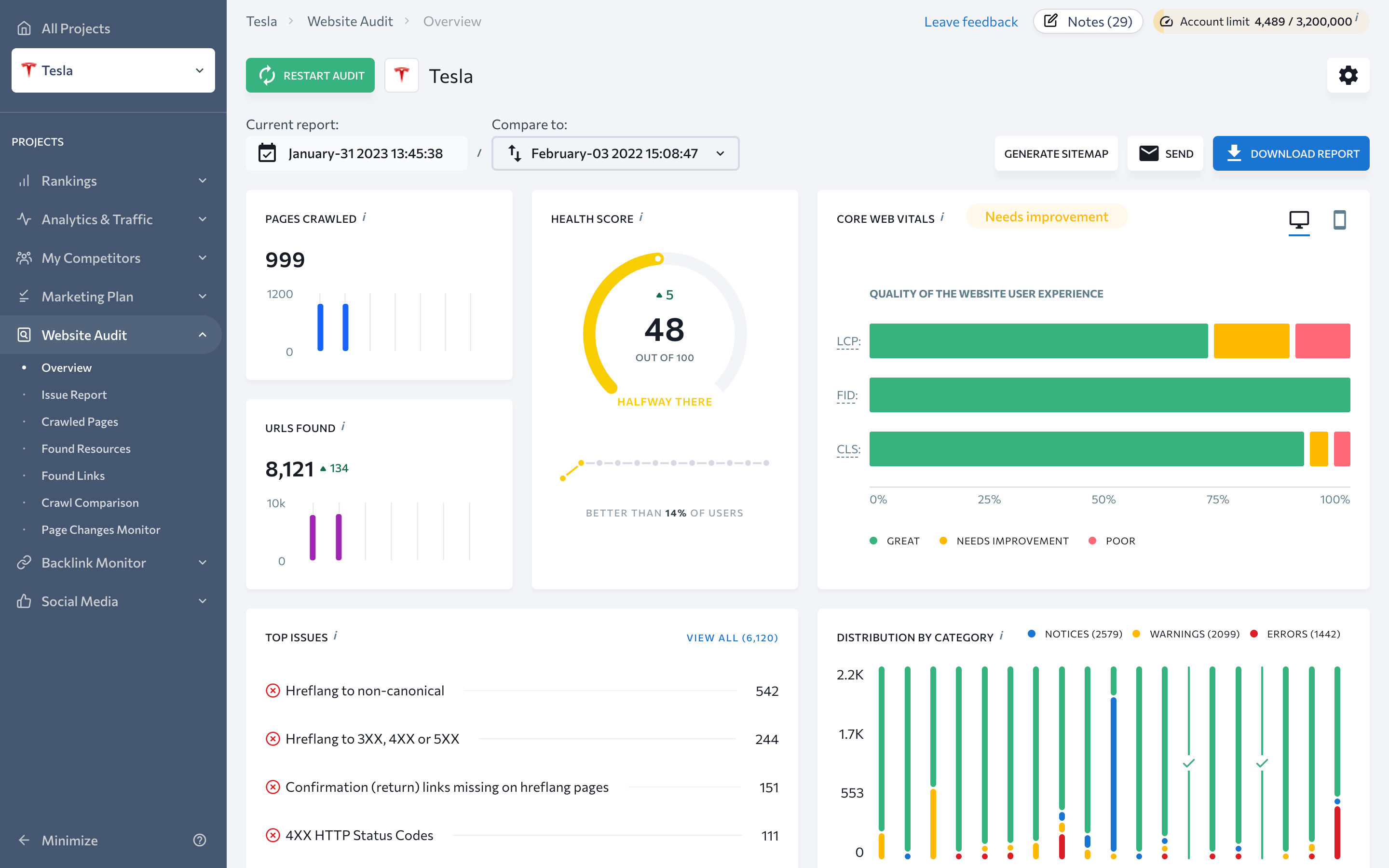 Overview of the Website Audit report