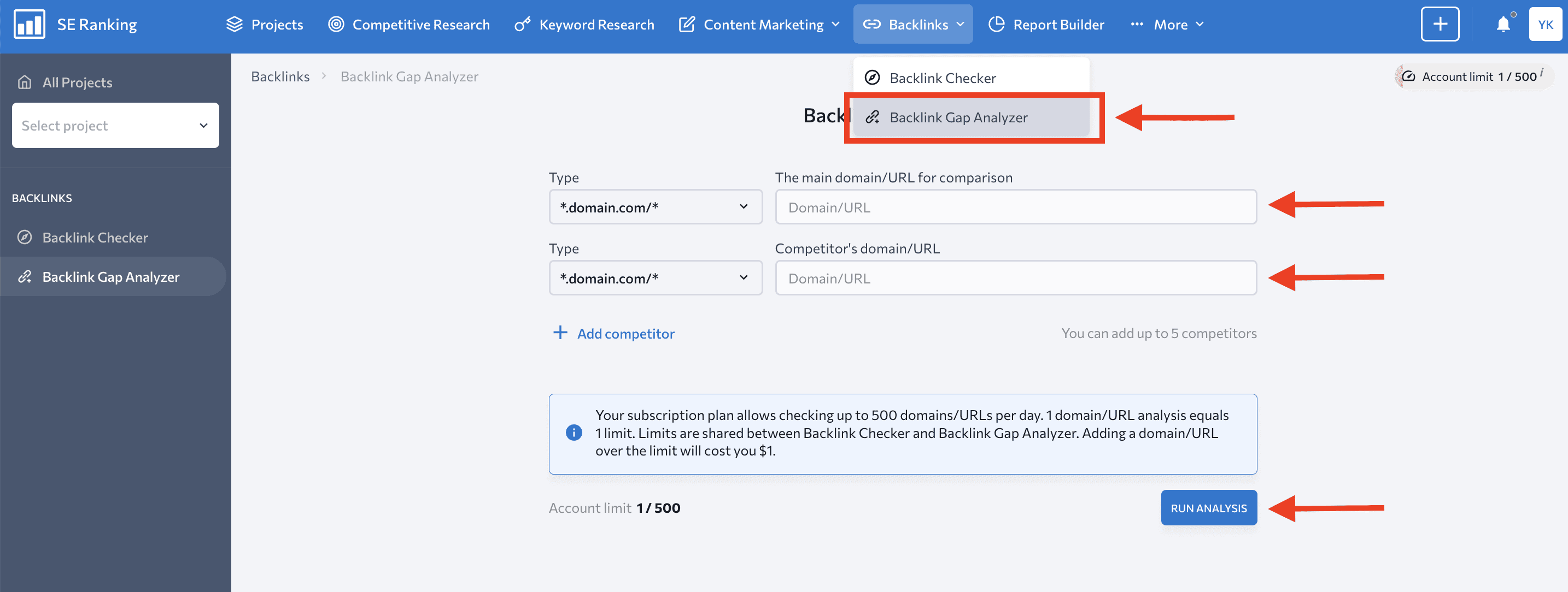 SE Ranking's Backlink Gap Analyzer