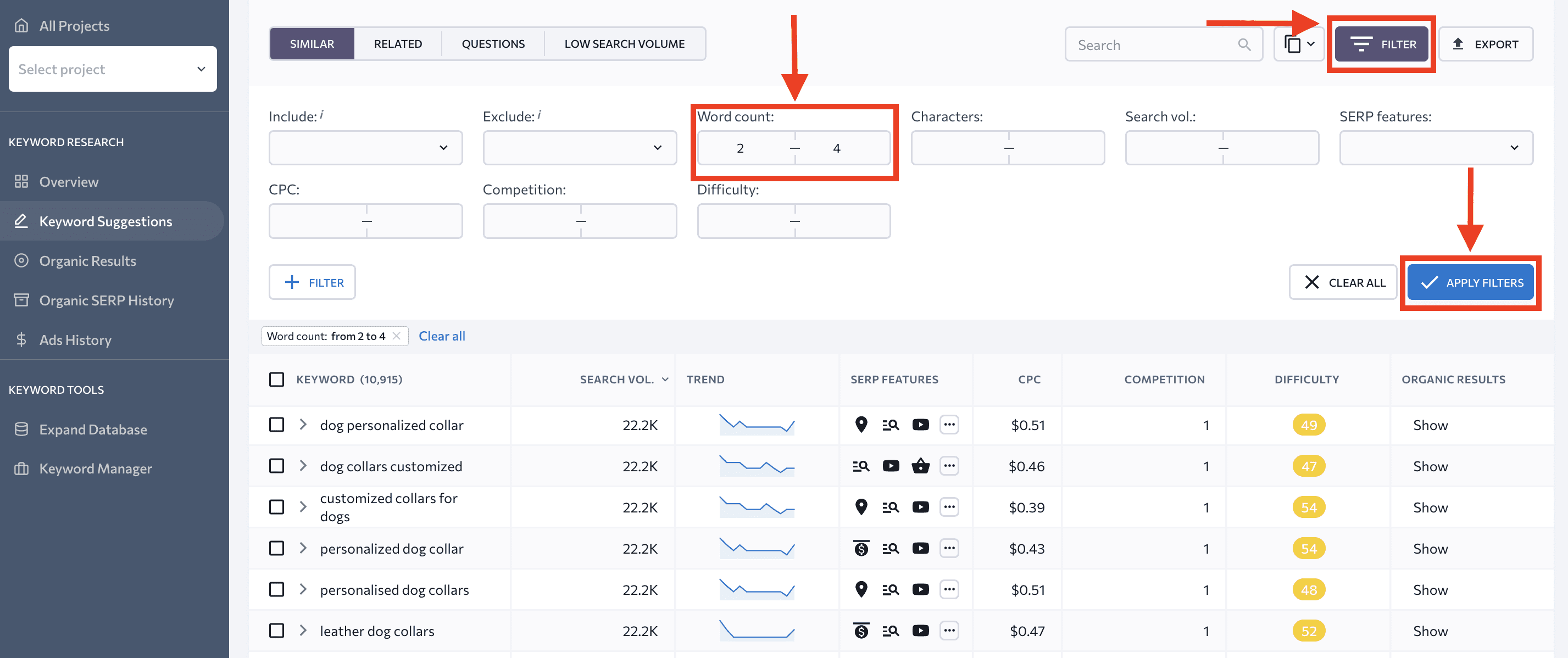 Use filters to sort keywords