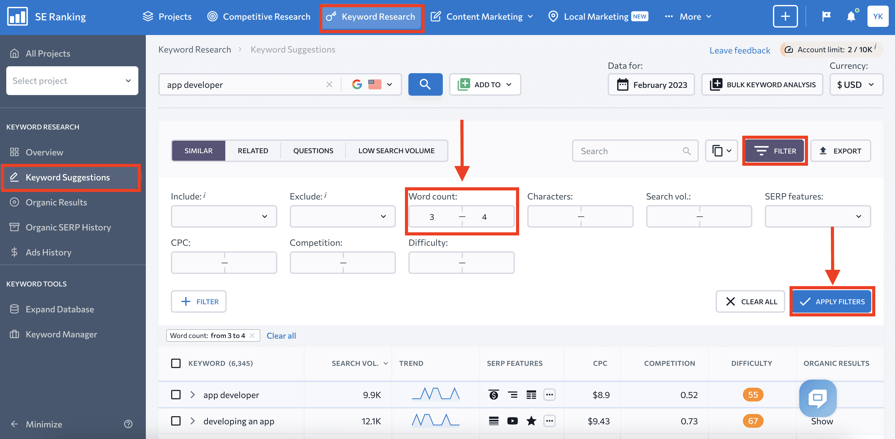 Filter keywords by word count