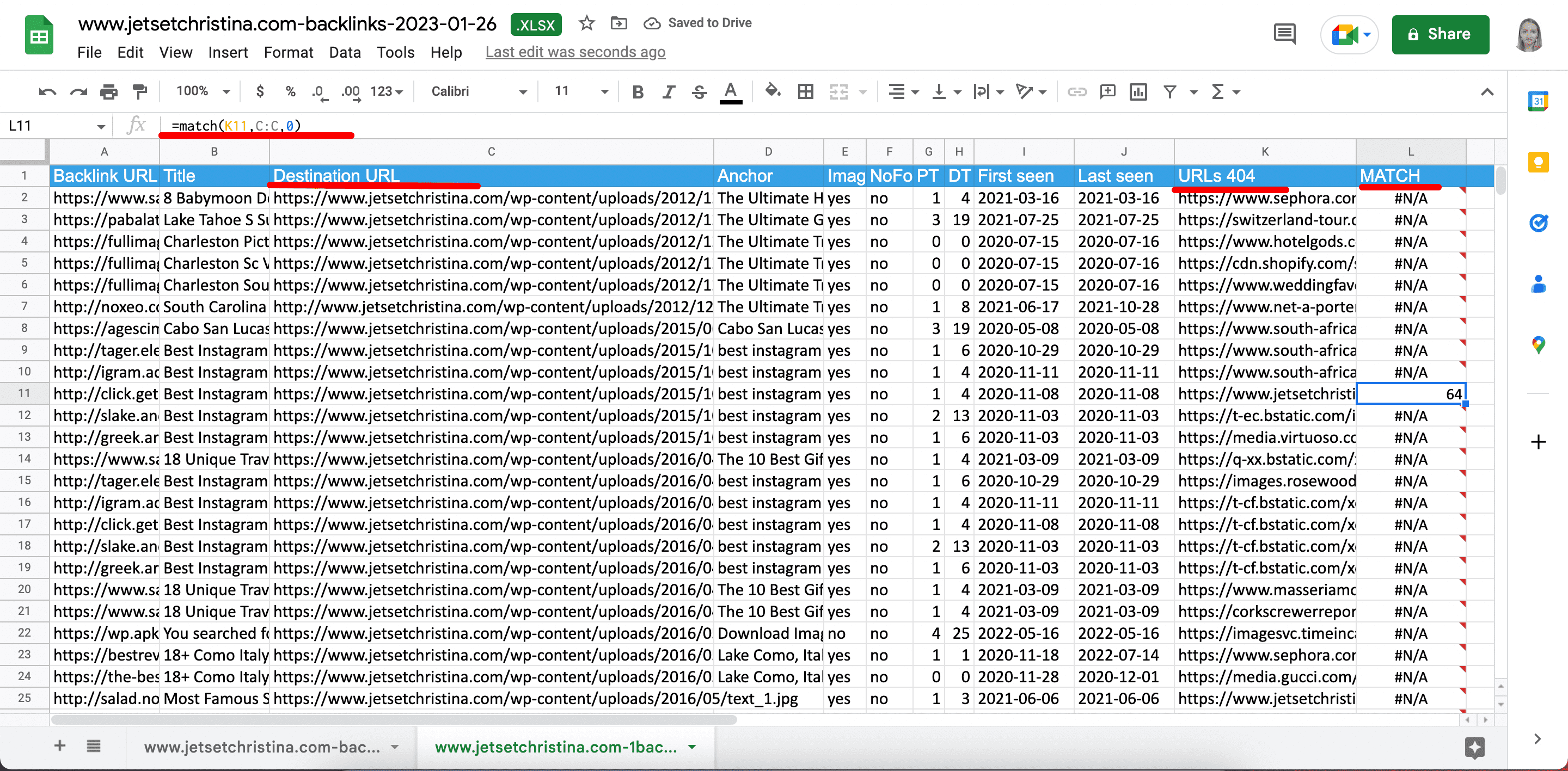 Using match function to find broken links