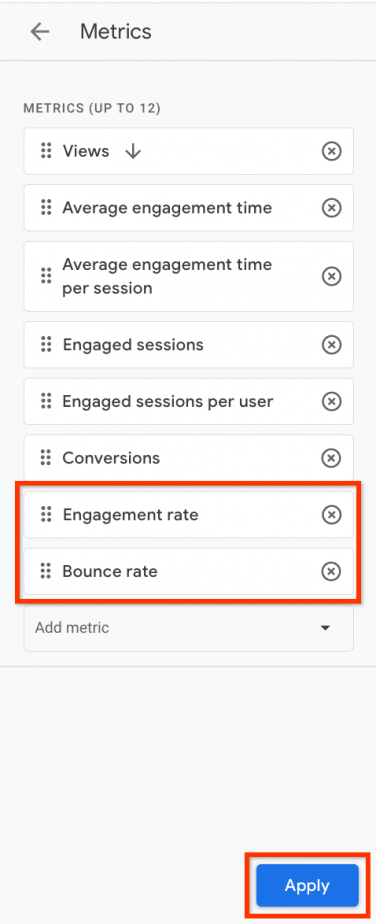 Adding the engagement and bounce rate metrics in GA4
