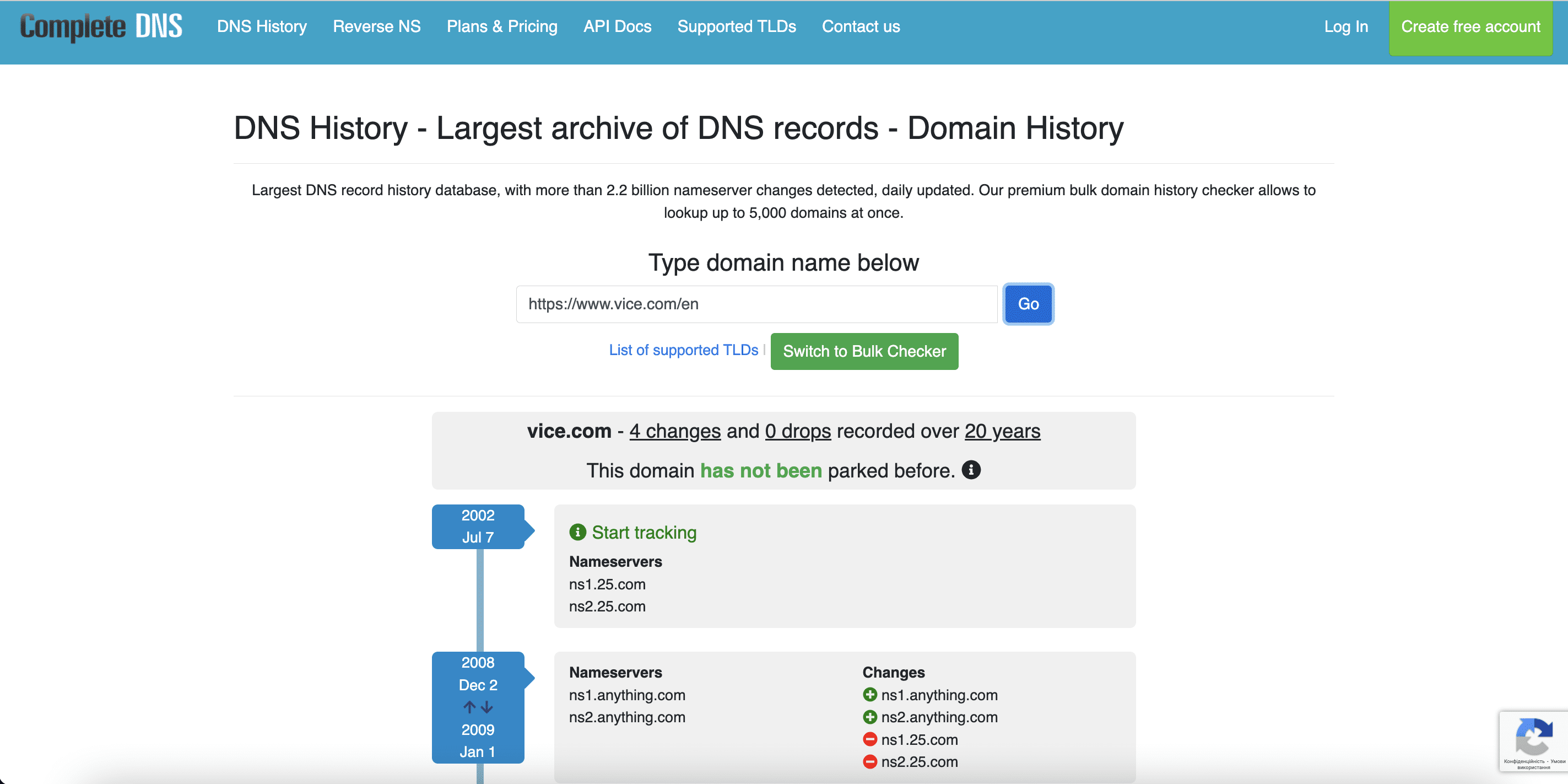 Check domain history with Complete DNS