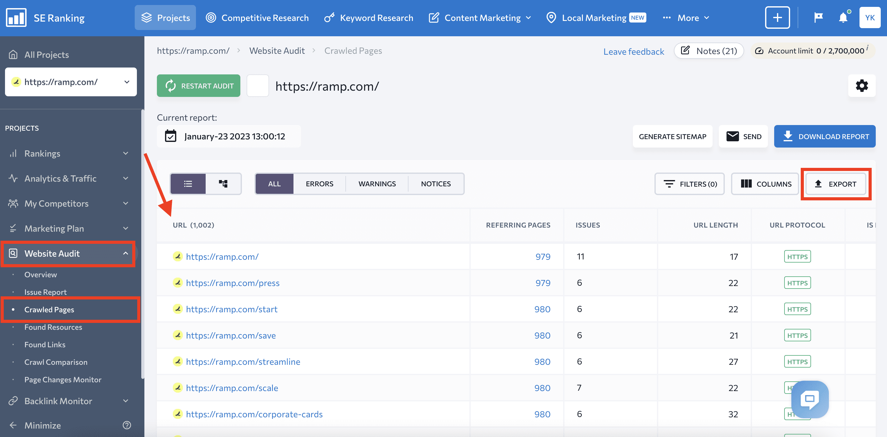 Website Audit Crawled Pages