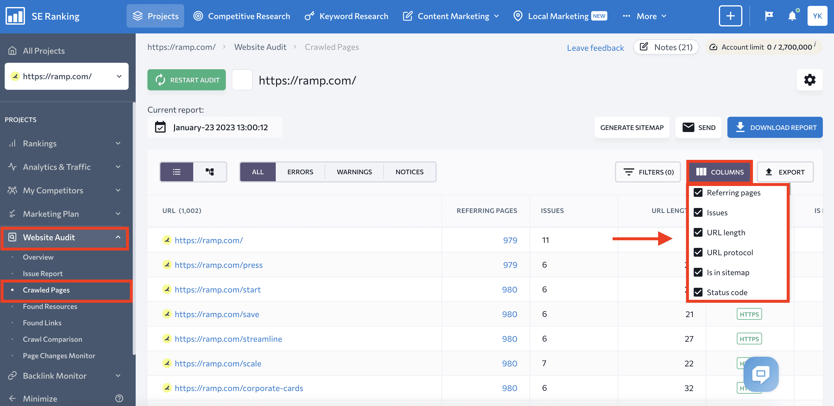 Columns for crawled pages